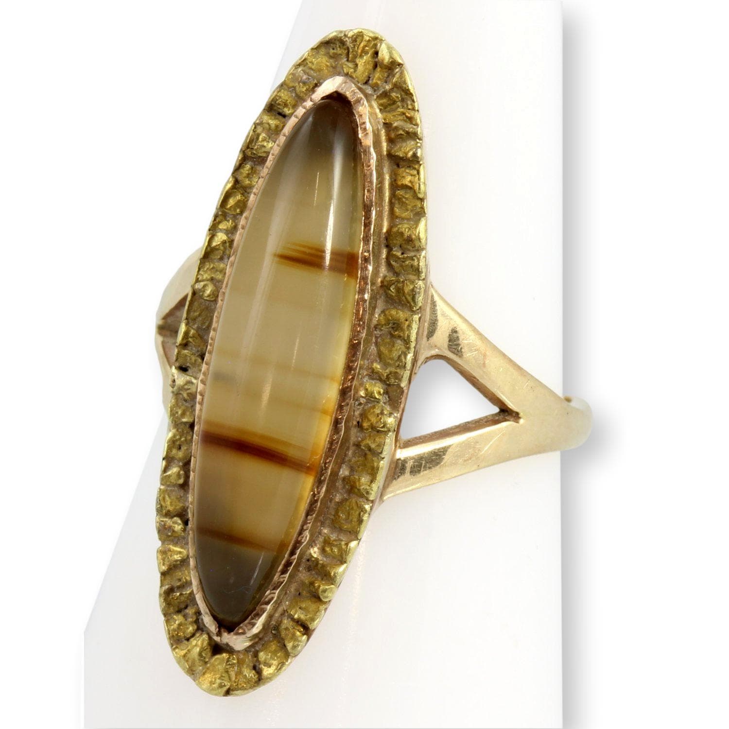 1920s 14K Gold Marquise Agate 22K-24K Gold Nugget Navette Ring - Size 6 - Thumbnail 2