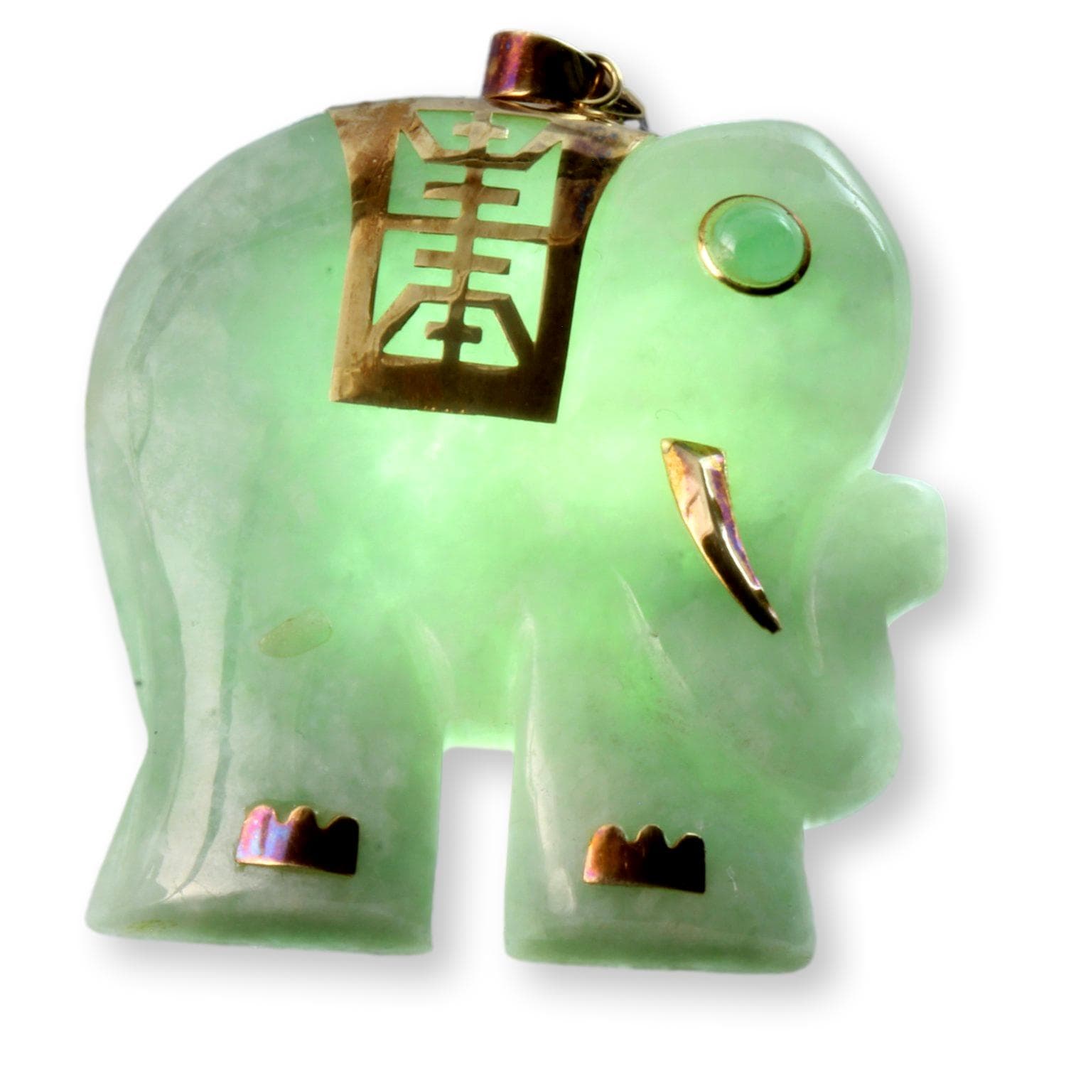 14K Carved Green Jadeite Jade Chalcedony Elephant Pendant - 1.75" - Thumbnail 2