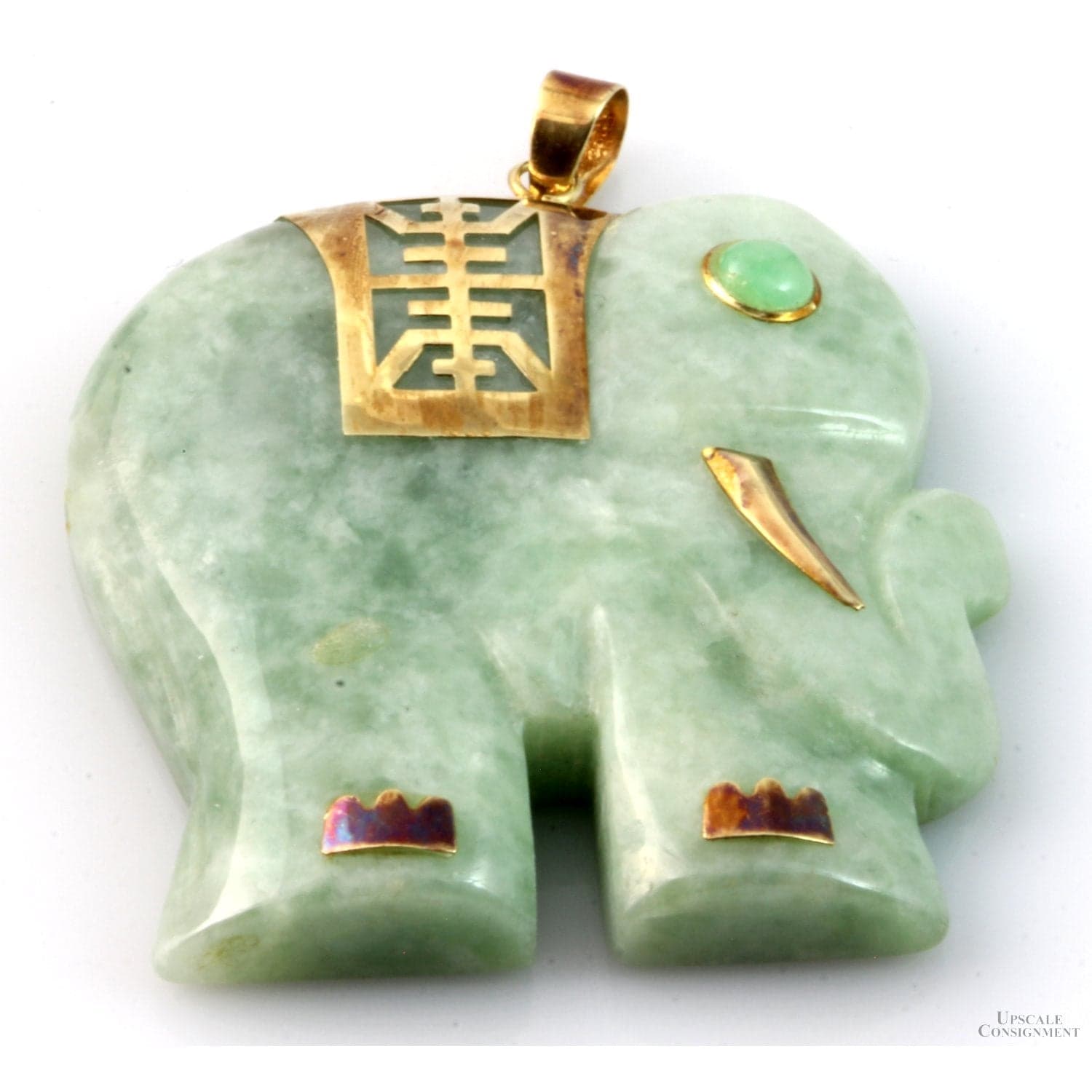 14K Carved Green Jadeite Jade Chalcedony Elephant Pendant - 1.75" - Thumbnail 3