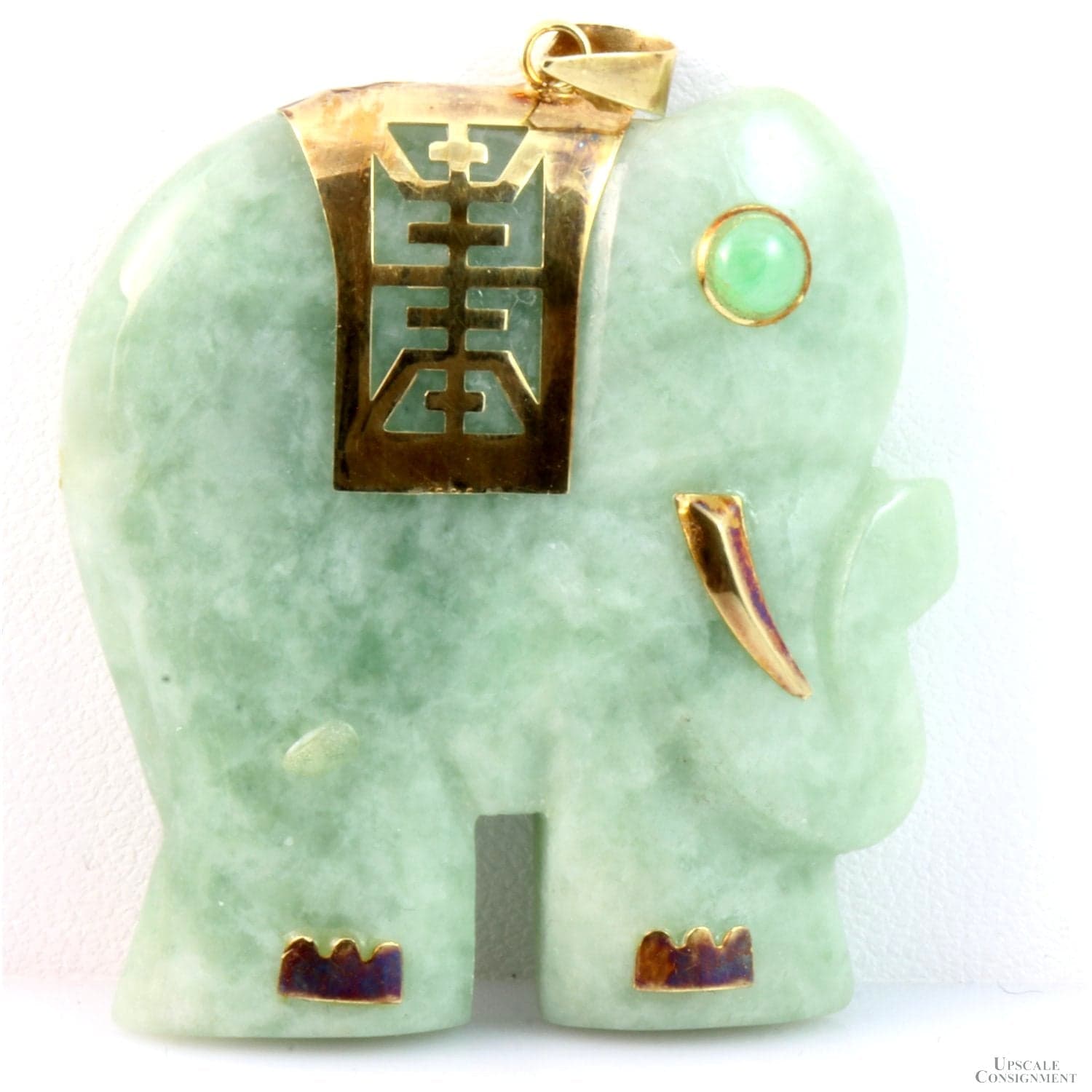 14K Carved Green Jadeite Jade Chalcedony Elephant Pendant - 1.75" - Image 1