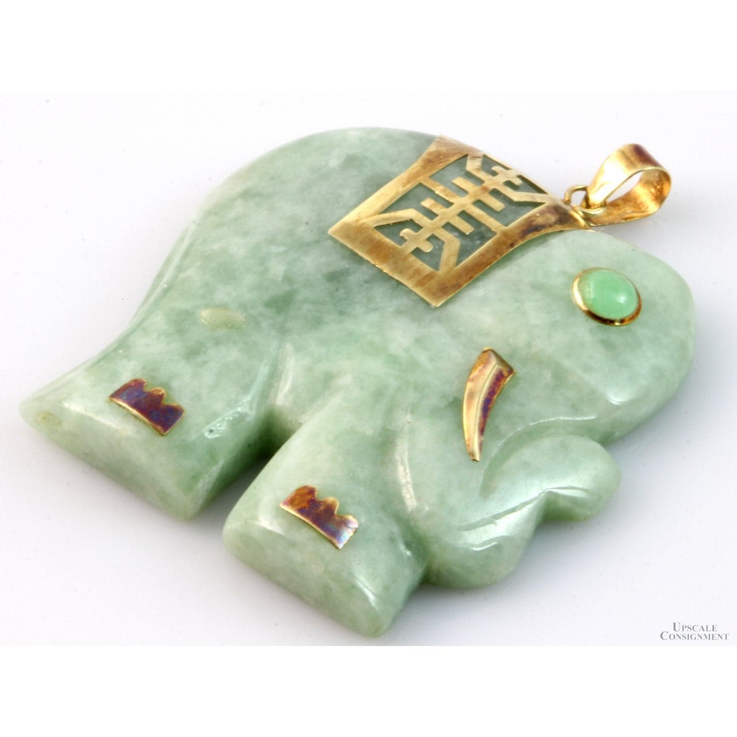 14K Carved Green Jadeite Jade Chalcedony Elephant Pendant - 1.75" - Thumbnail 4