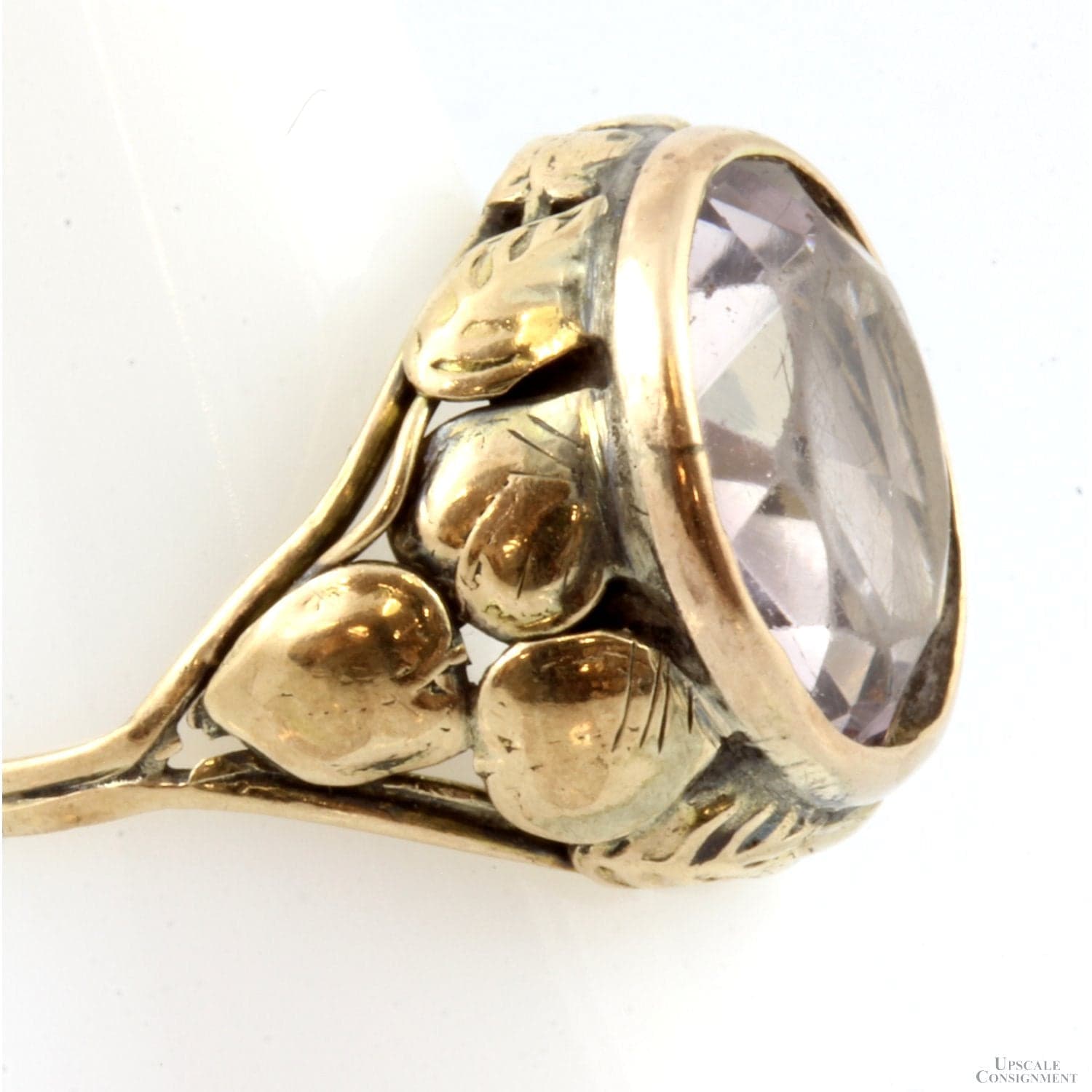 Art Nouveau 5.33ct Amethyst Ring 10K-14K Hand-Carved Leaves - Size 7.75 - Thumbnail 3