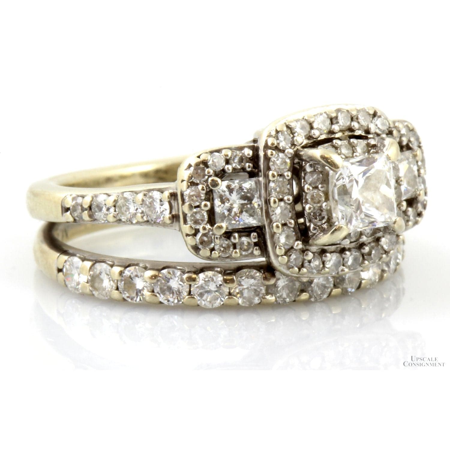 1.40ctw Three-Stone Princess Cut Diamond Halo 14K Gold Set - Size 5 - Thumbnail 4