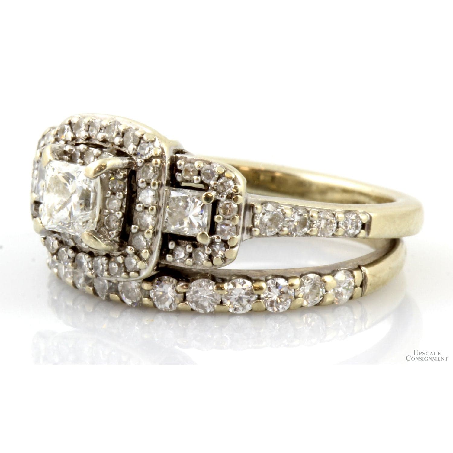 1.40ctw Three-Stone Princess Cut Diamond Halo 14K Gold Set - Size 5 - Thumbnail 3