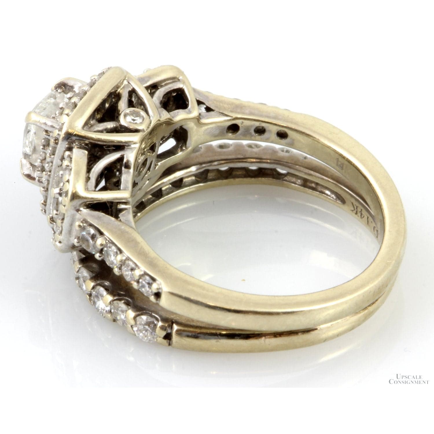 1.40ctw Three-Stone Princess Cut Diamond Halo 14K Gold Set - Size 5 - Thumbnail 7