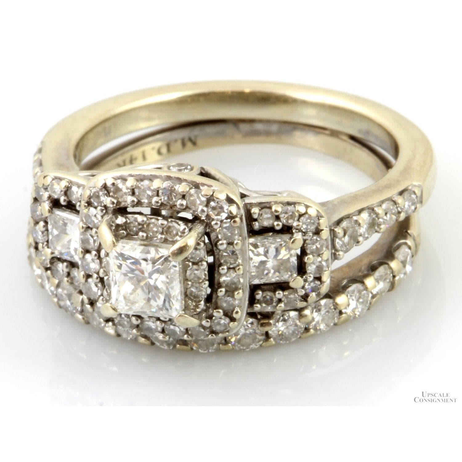 1.40ctw Three-Stone Princess Cut Diamond Halo 14K Gold Set - Size 5 - Thumbnail 2