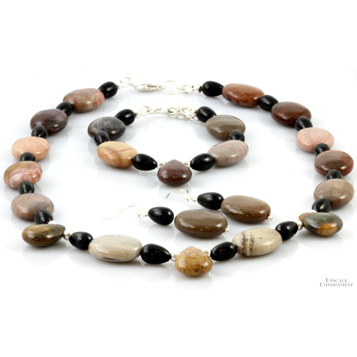 Natural Jasper & Onyx Sterling Silver Bead Three Piece Set - 18 in - Image 1