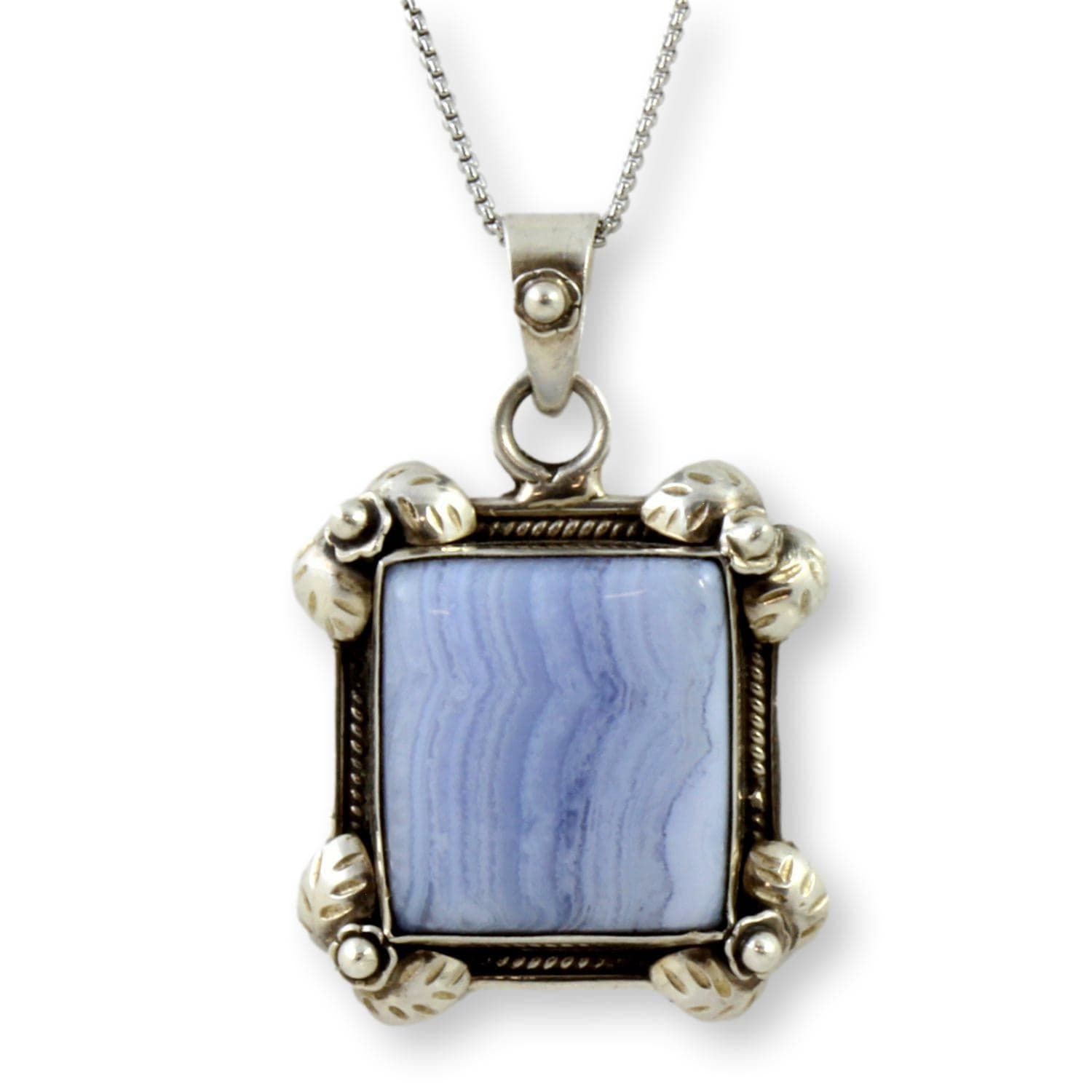 Sterling Silver Square Blue Lace Agate Pendant & Leather Cord - 19 in - Image 1