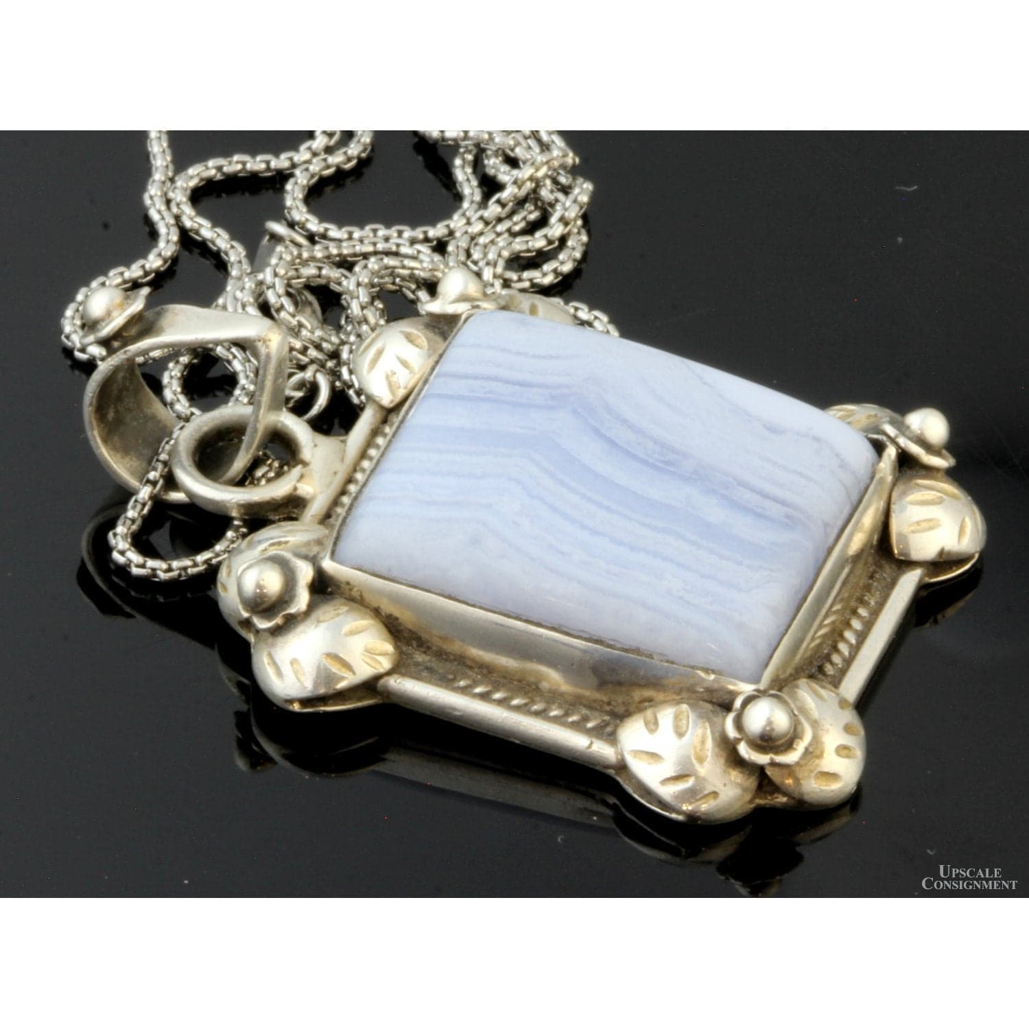 Sterling Silver Square Blue Lace Agate Pendant & Leather Cord - 19 in - Thumbnail 2