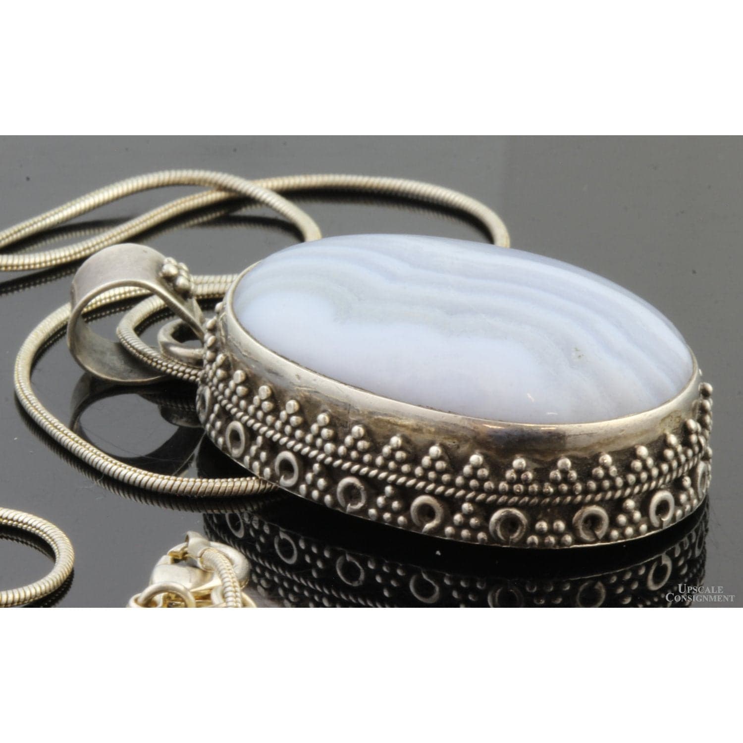 Sterling Silver Blue Lace Agate Pendant & Twisted Leather Cord - 18 in - Thumbnail 2