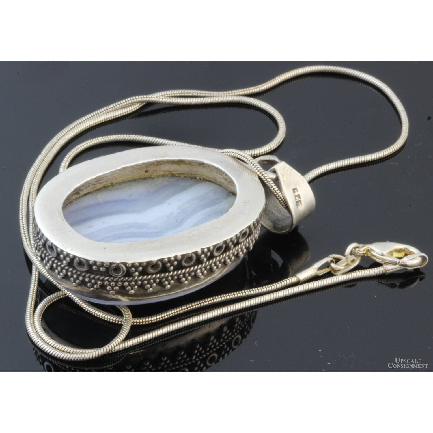 Sterling Silver Blue Lace Agate Pendant & Twisted Leather Cord - 18 in - Thumbnail 3