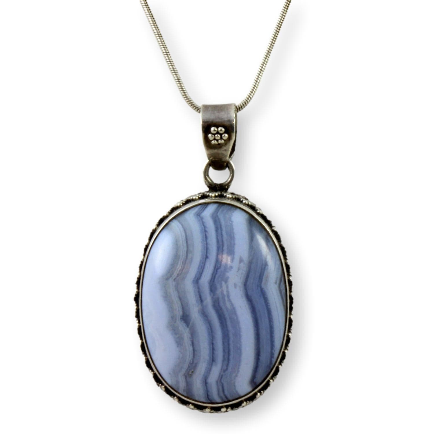 Sterling Silver Blue Lace Agate Pendant & Twisted Leather Cord - 18 in - Image 1