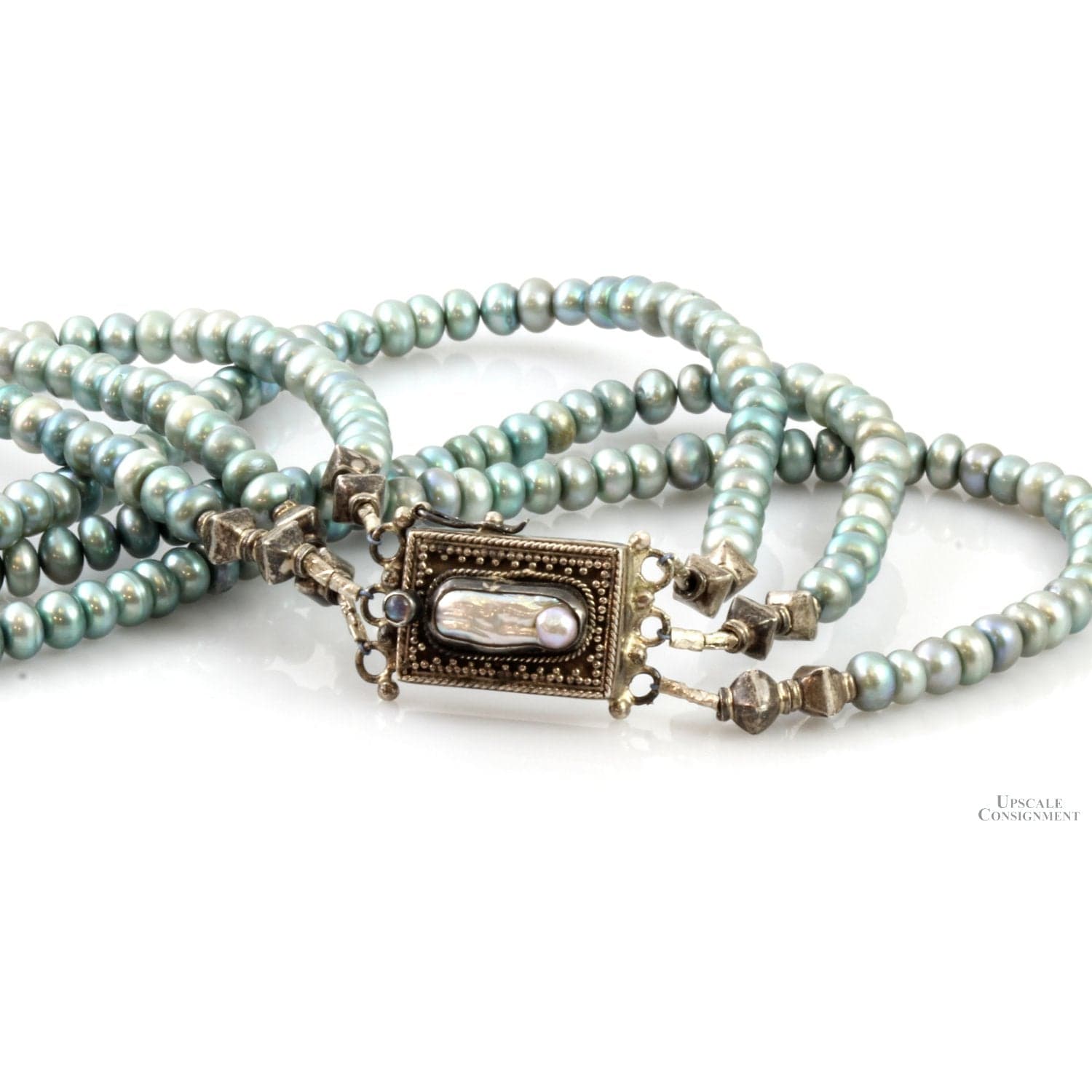 Cultured Blue Button Pearl 3-Strand Choker Necklace - 14"-14.5" - Thumbnail 4