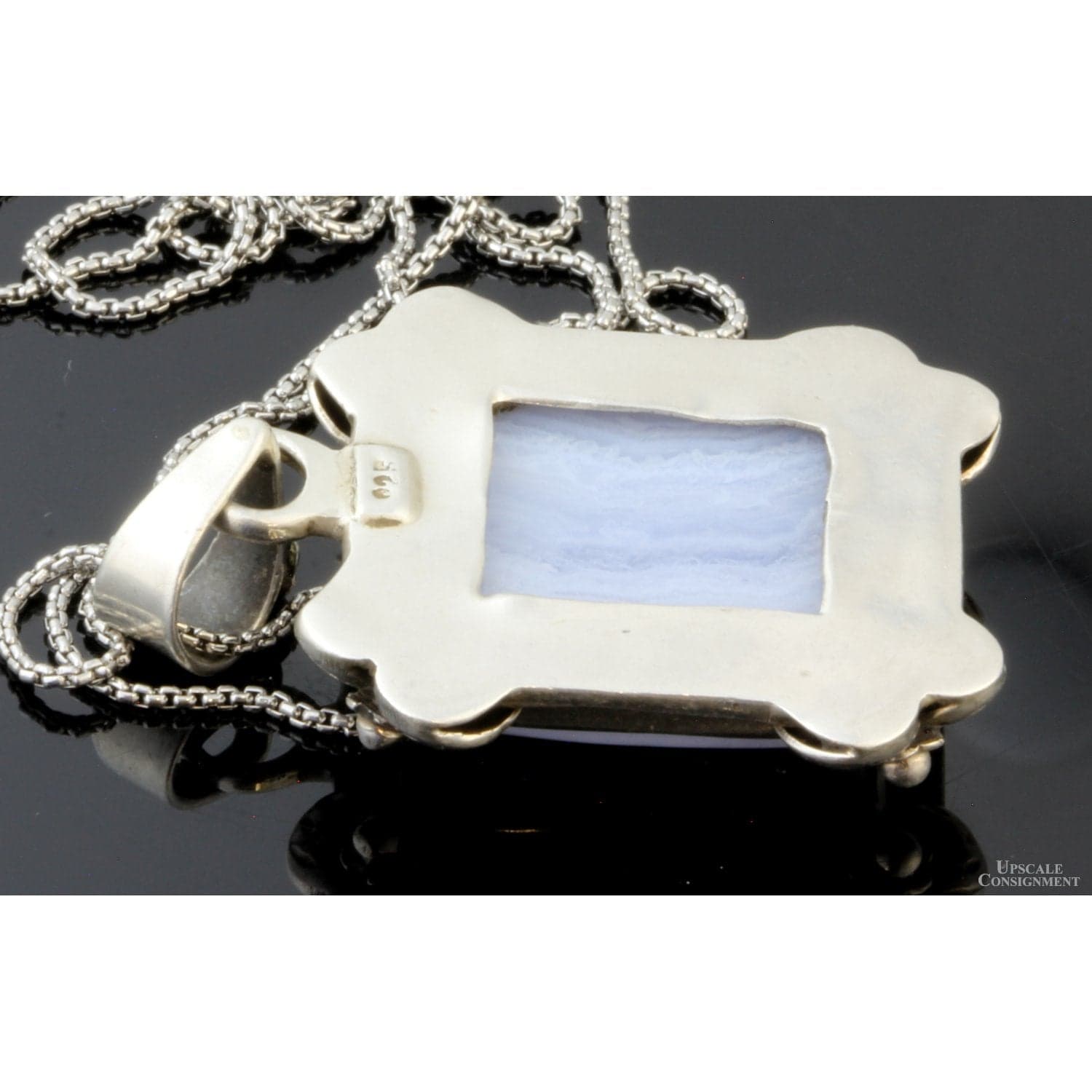 Sterling Silver Square Blue Lace Agate Pendant & Leather Cord - 19 in - Thumbnail 4