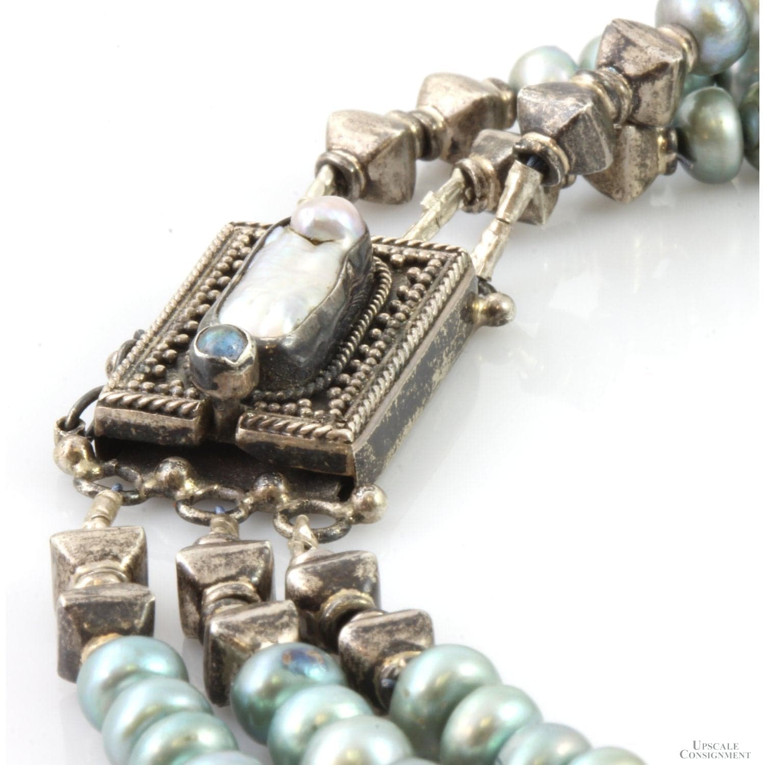 Cultured Blue Button Pearl 3-Strand Choker Necklace - 14"-14.5" - Thumbnail 3