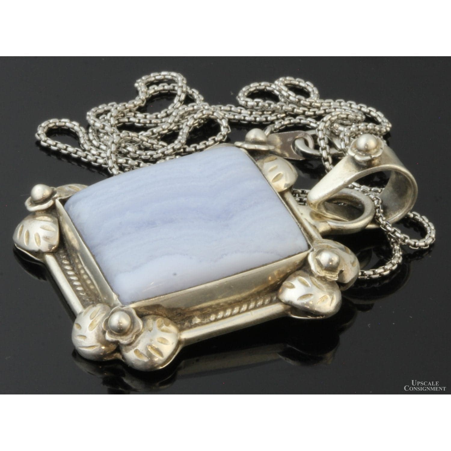 Sterling Silver Square Blue Lace Agate Pendant & Leather Cord - 19 in - Thumbnail 3