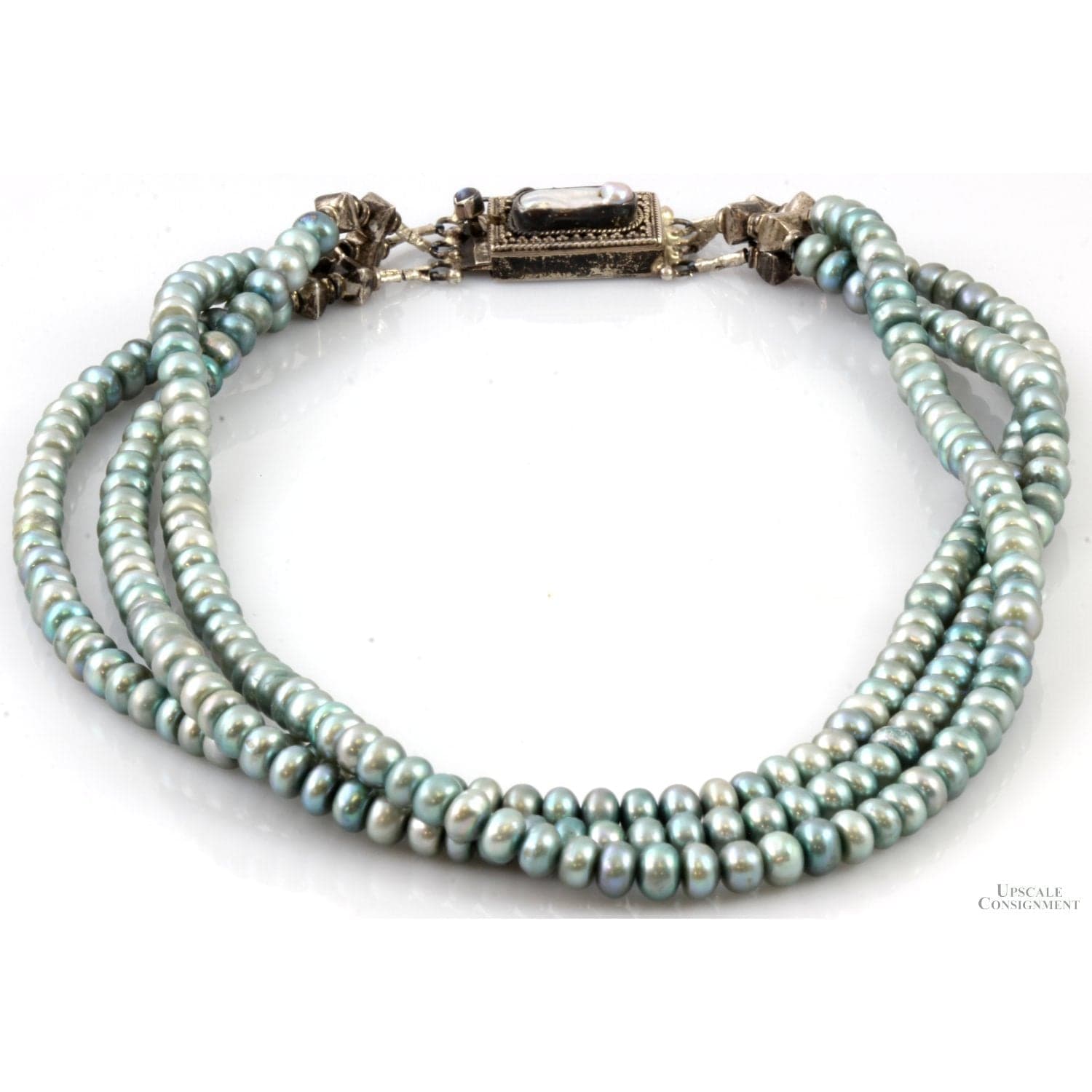 Cultured Blue Button Pearl 3-Strand Choker Necklace - 14"-14.5" - Thumbnail 2