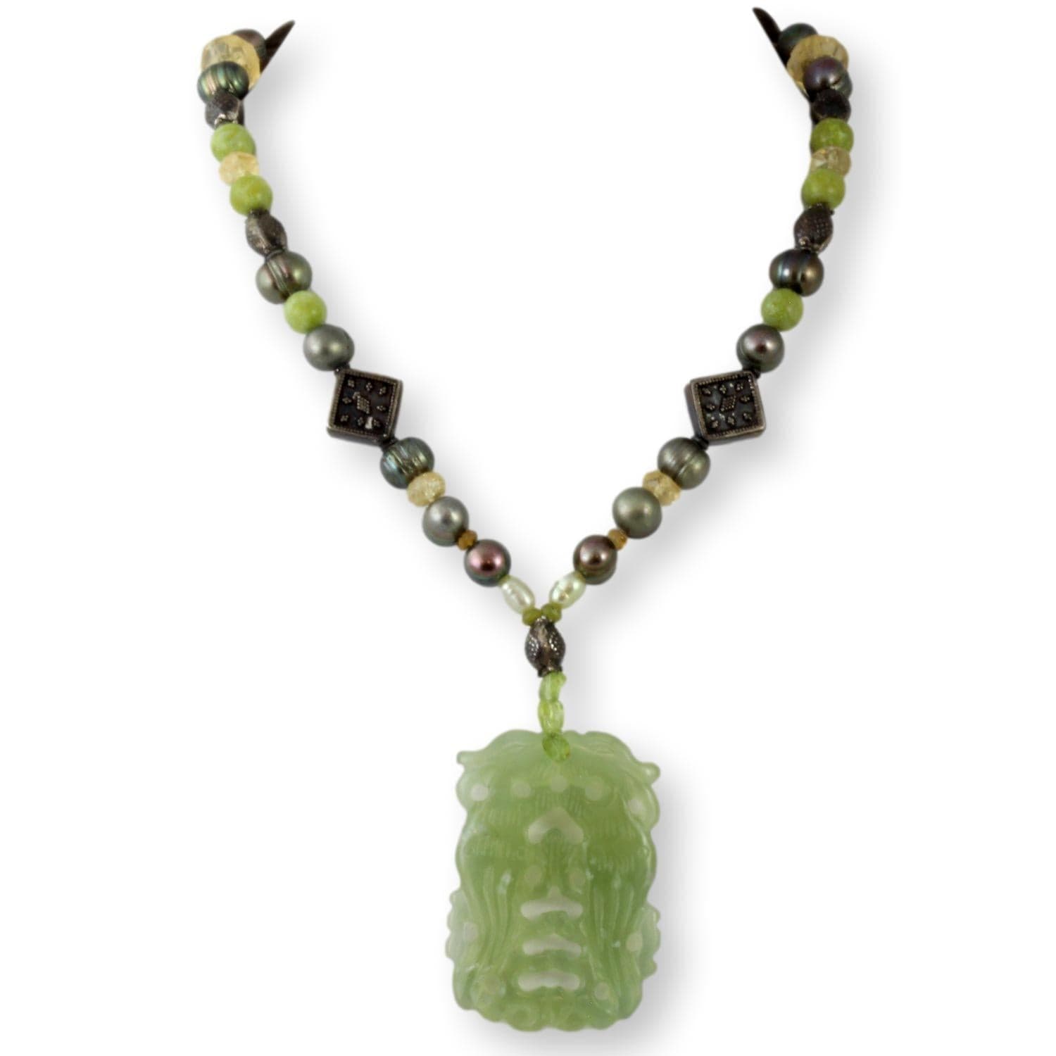 Beaded Quartz & Pearl Necklace w/Carved Green Quartz Pendant - 18 in - Image 1