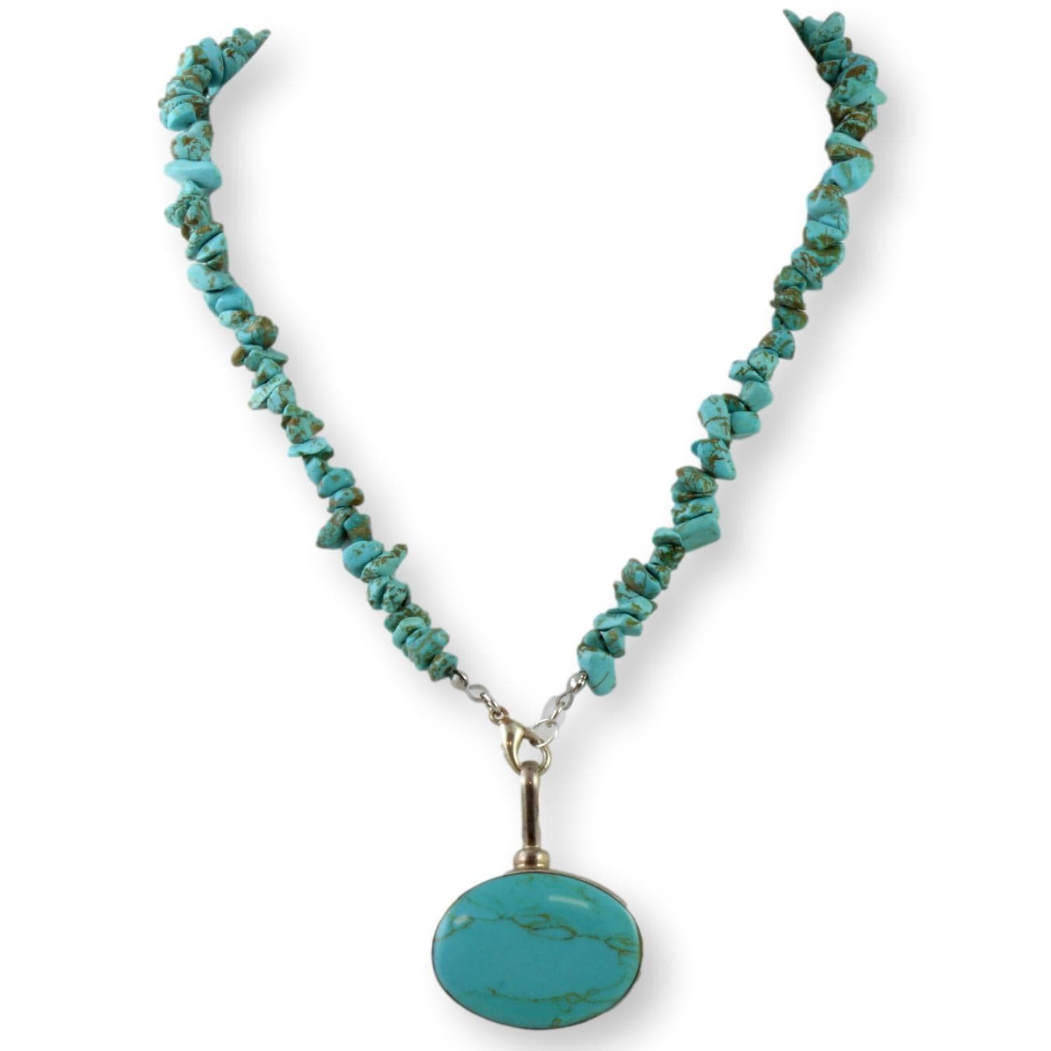 Sterling Silver Turquoise Nugget & Oval Pendant Necklace - 18.5" - Image 1