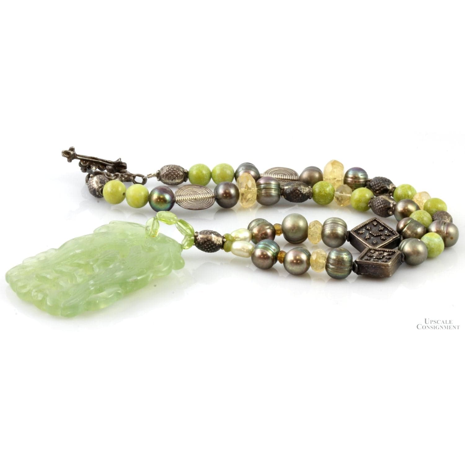 Beaded Quartz & Pearl Necklace w/Carved Green Quartz Pendant - 18 in - Thumbnail 3