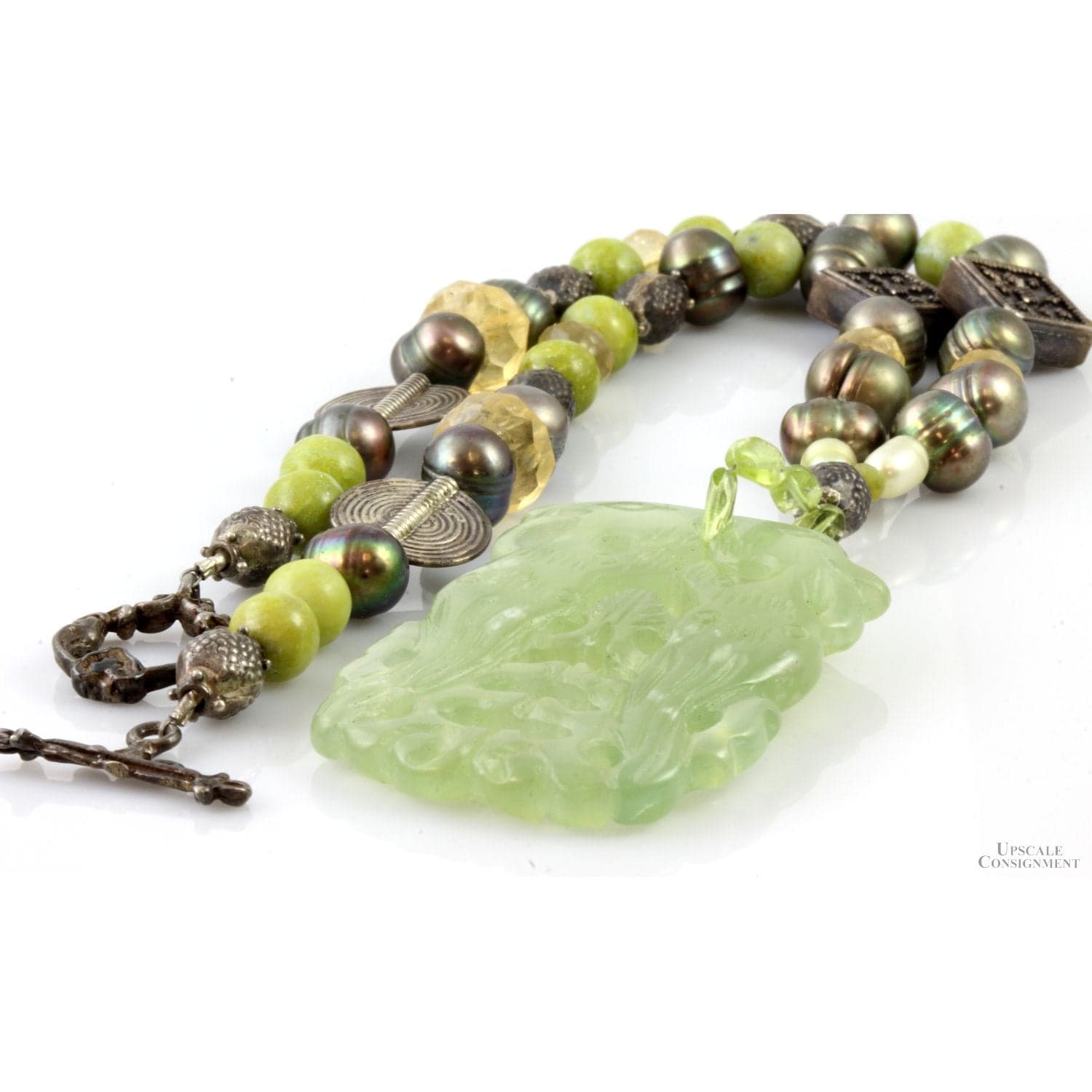 Beaded Quartz & Pearl Necklace w/Carved Green Quartz Pendant - 18 in - Thumbnail 4