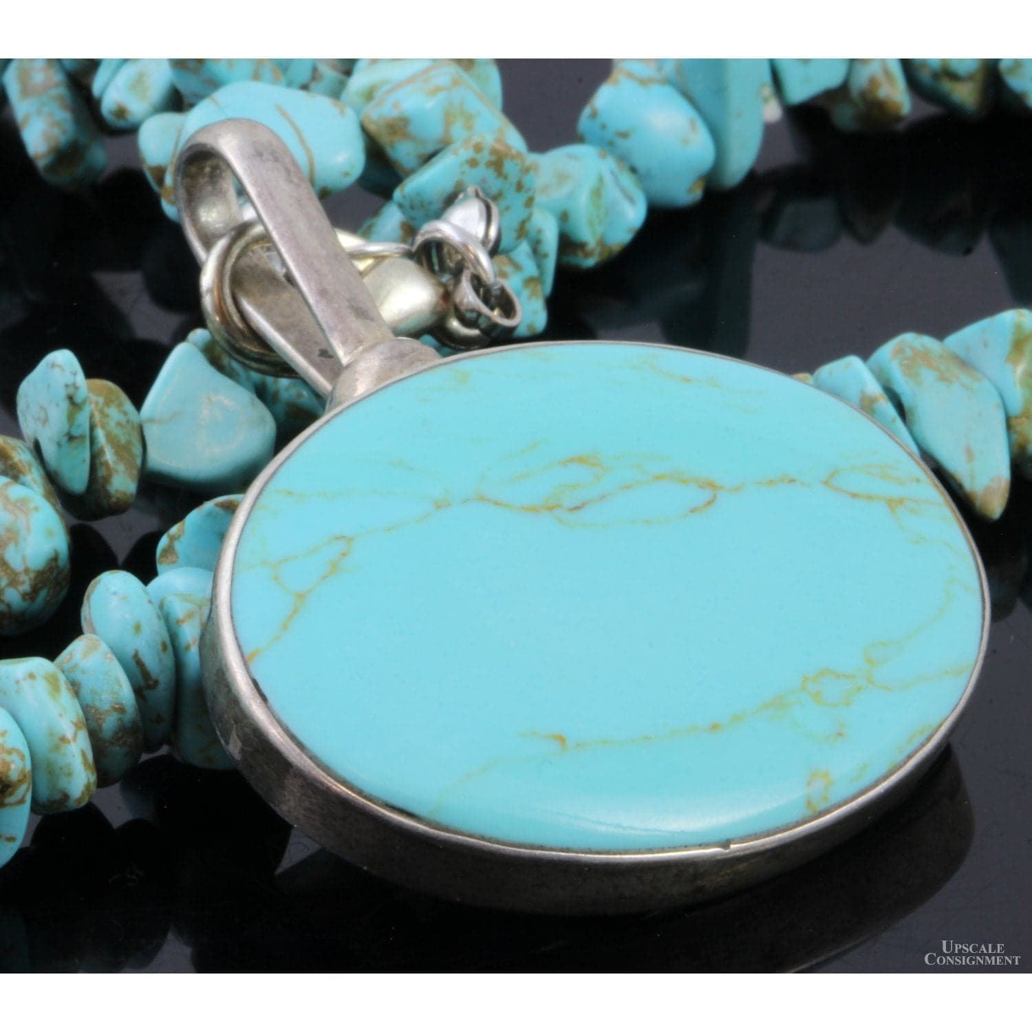 Sterling Silver Turquoise Nugget & Oval Pendant Necklace - 18.5" - Thumbnail 3