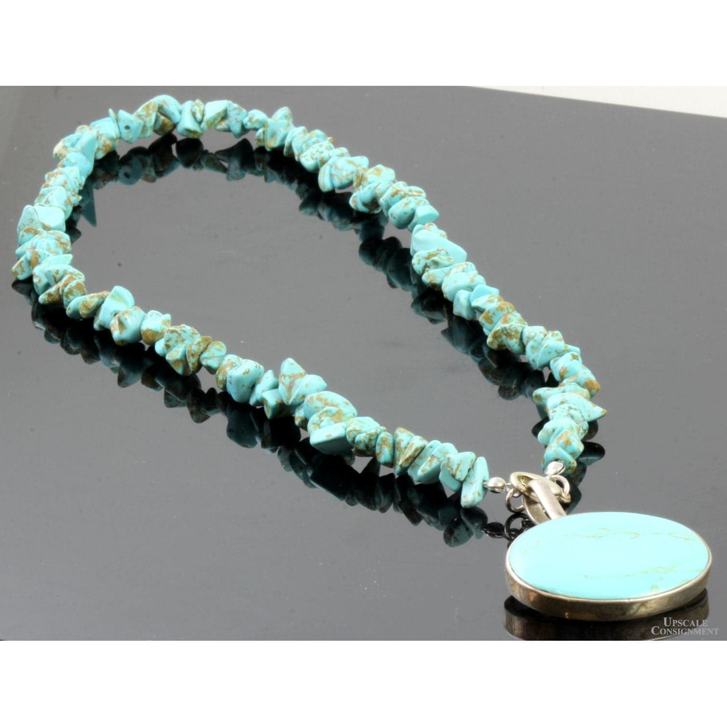 Sterling Silver Turquoise Nugget & Oval Pendant Necklace - 18.5" - Thumbnail 2