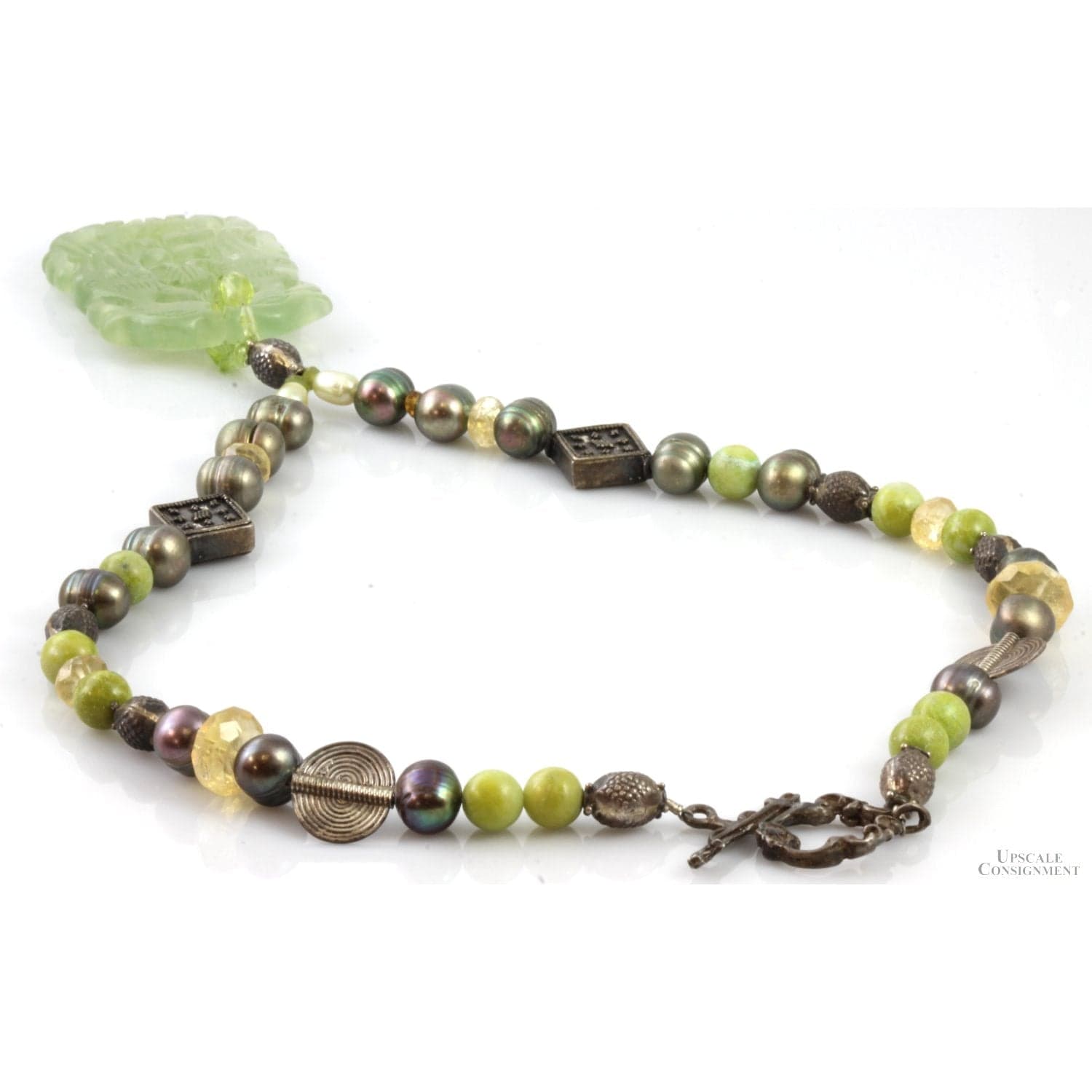 Beaded Quartz & Pearl Necklace w/Carved Green Quartz Pendant - 18 in - Thumbnail 5