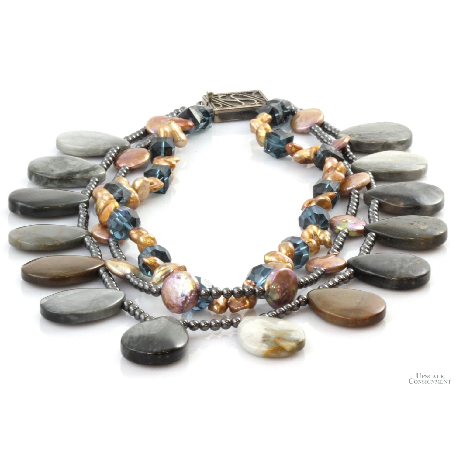 Jasper, Pearl, & Hematite Bead 16" Sterling Silver Necklace - 16 in - Thumbnail 2