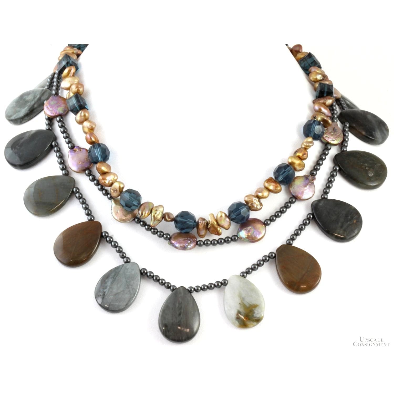 Jasper, Pearl, & Hematite Bead 16" Sterling Silver Necklace - 16 in - Image 1