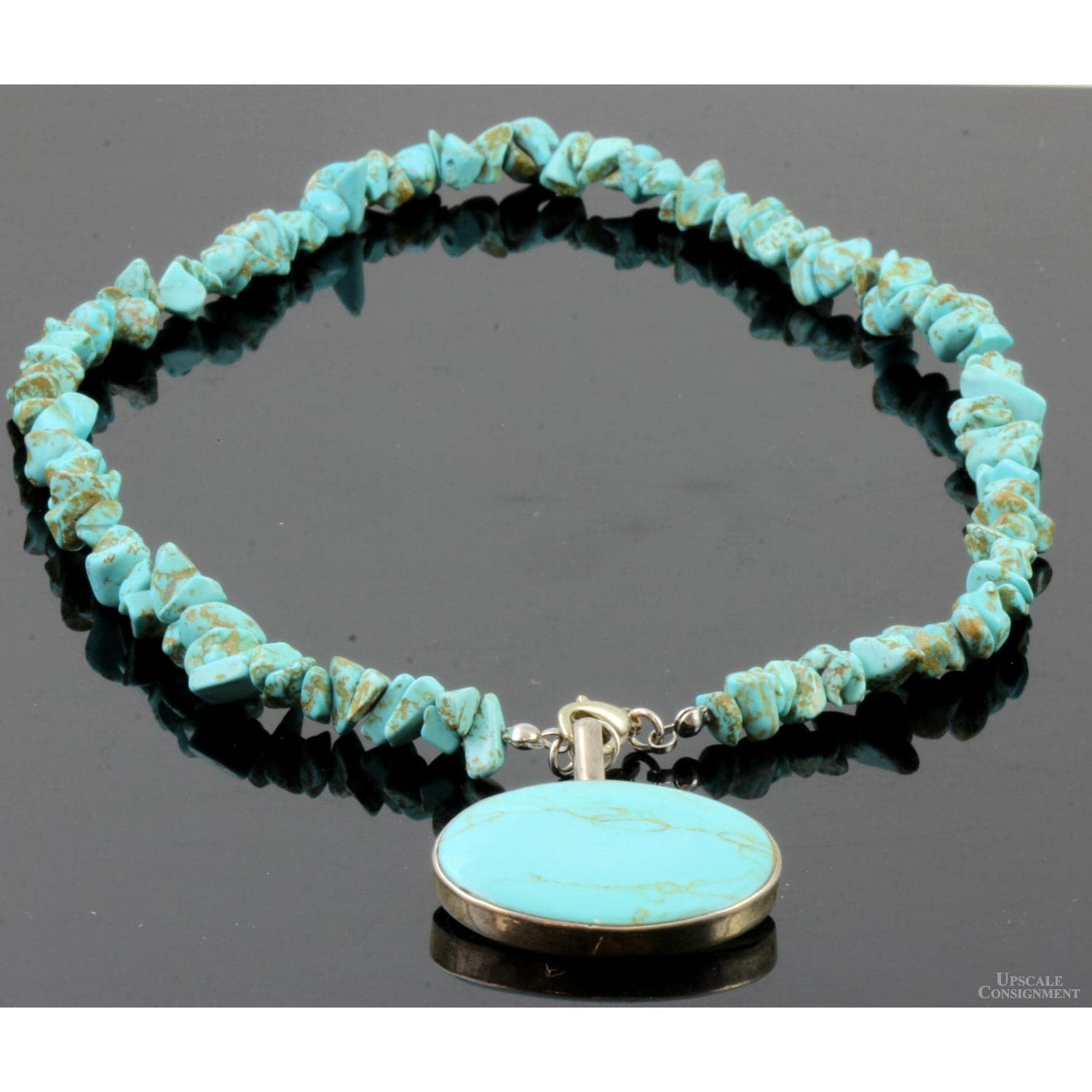 Sterling Silver Turquoise Nugget & Oval Pendant Necklace - 18.5" - Thumbnail 4