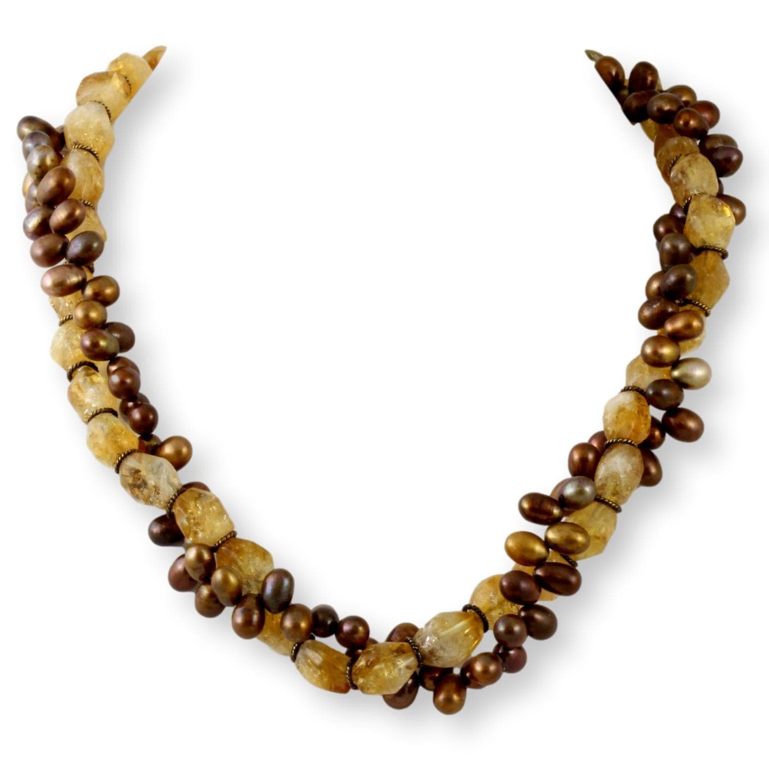 Polished Citrine & Bronze Pearl 14K Gold Torsade Necklace - 18 in - Image 1
