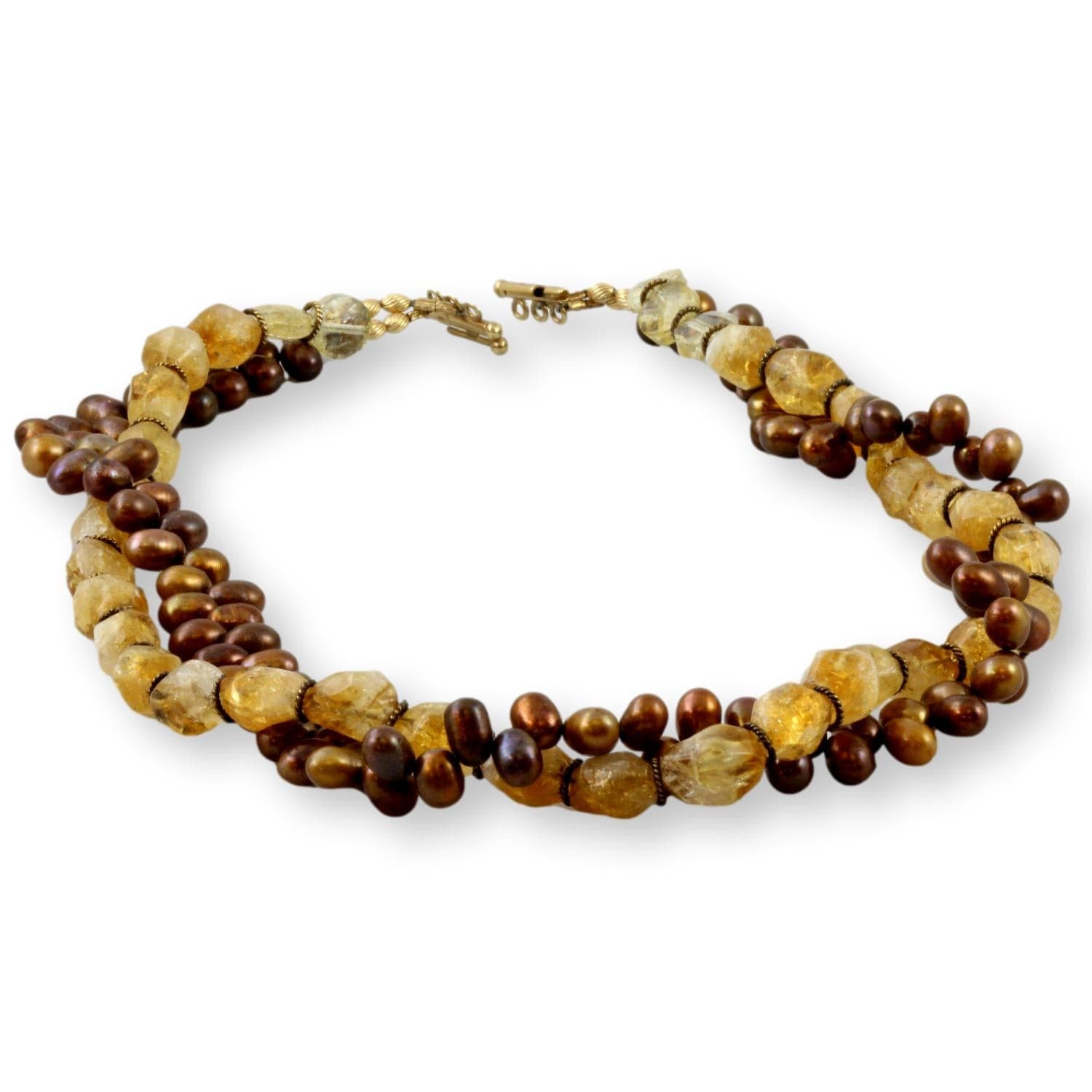 Polished Citrine & Bronze Pearl 14K Gold Torsade Necklace - 18 in - Thumbnail 2