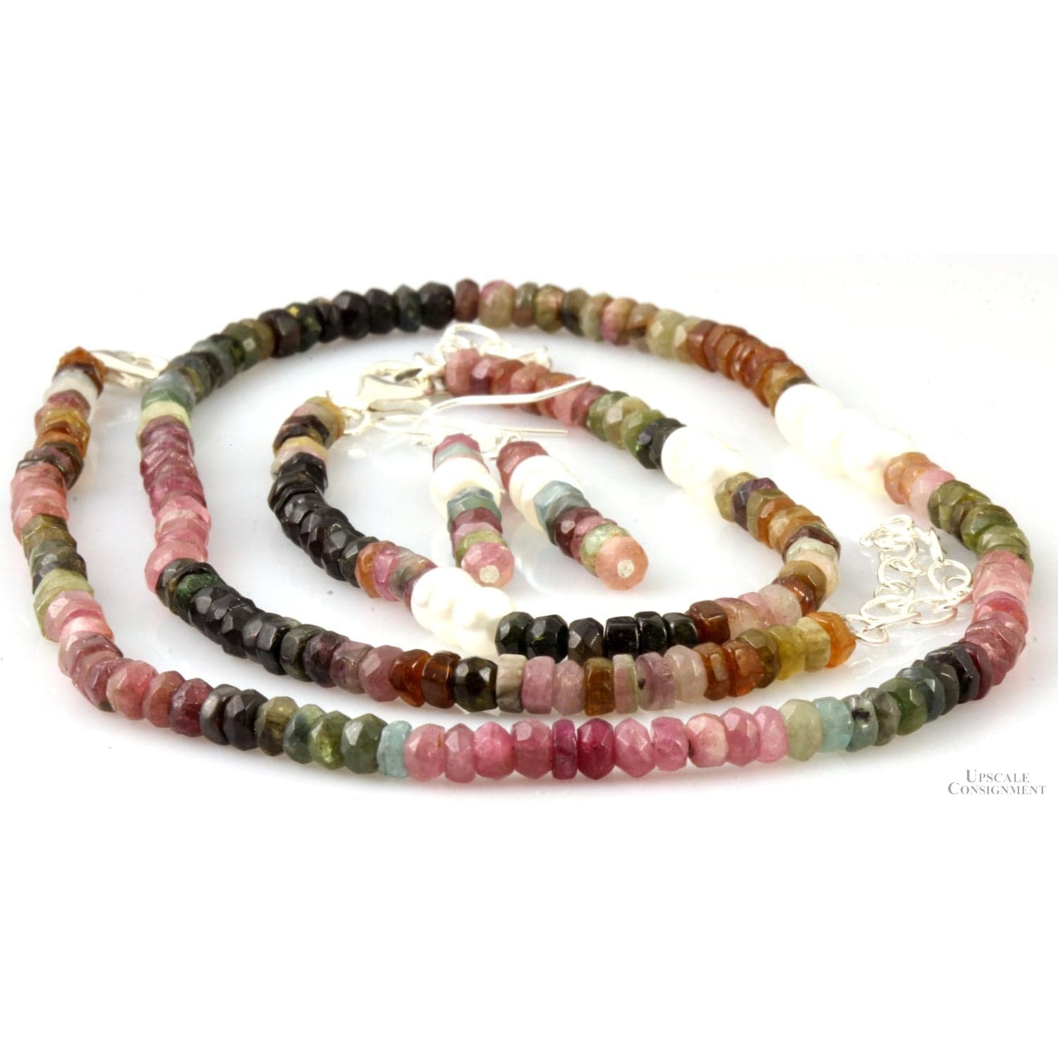 Multicolored Tourmaline & Pearl Sterling Silver Three Piece Set - 17" - 19"(l) - Thumbnail 2