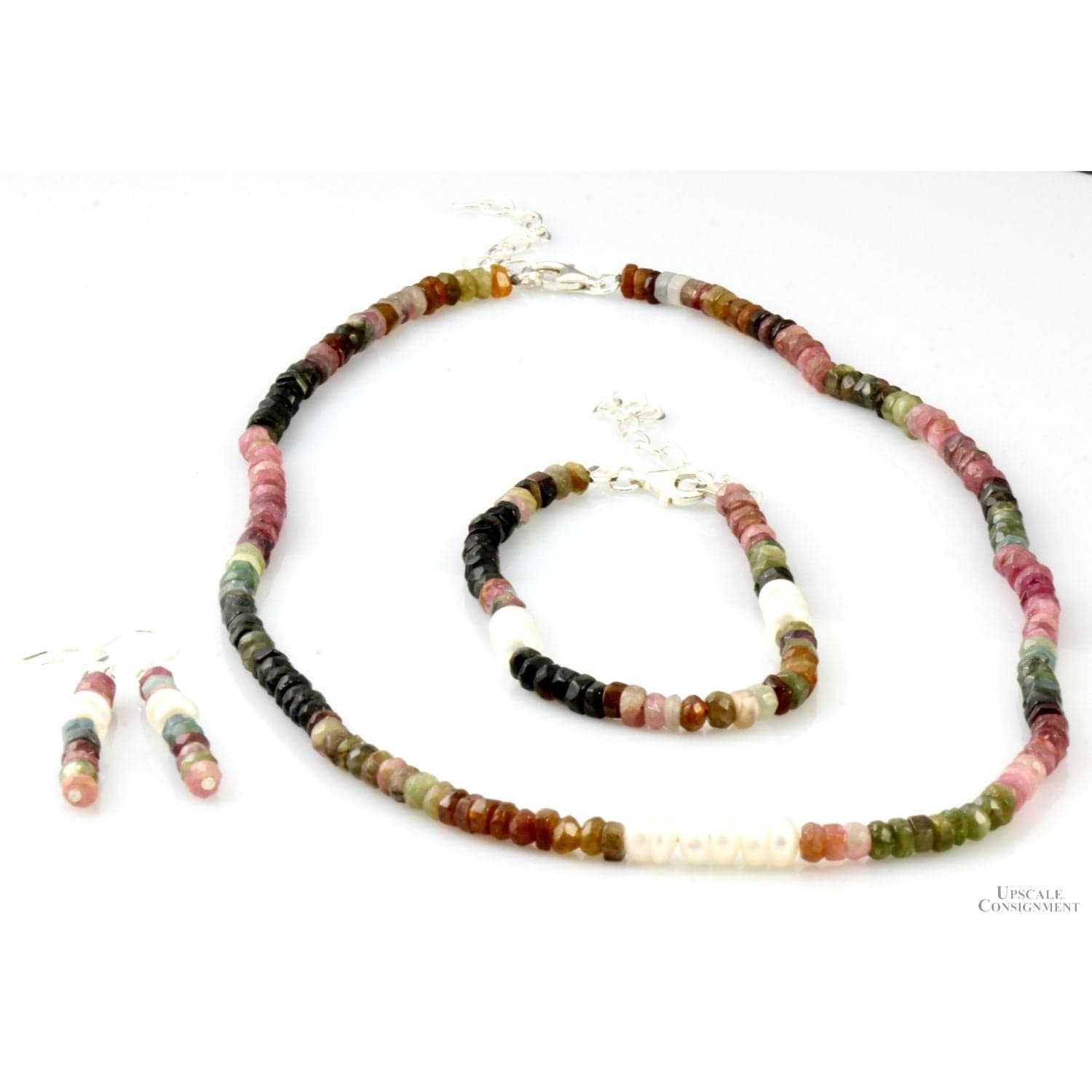 Multicolored Tourmaline & Pearl Sterling Silver Three Piece Set - 17" - 19"(l) - Image 1