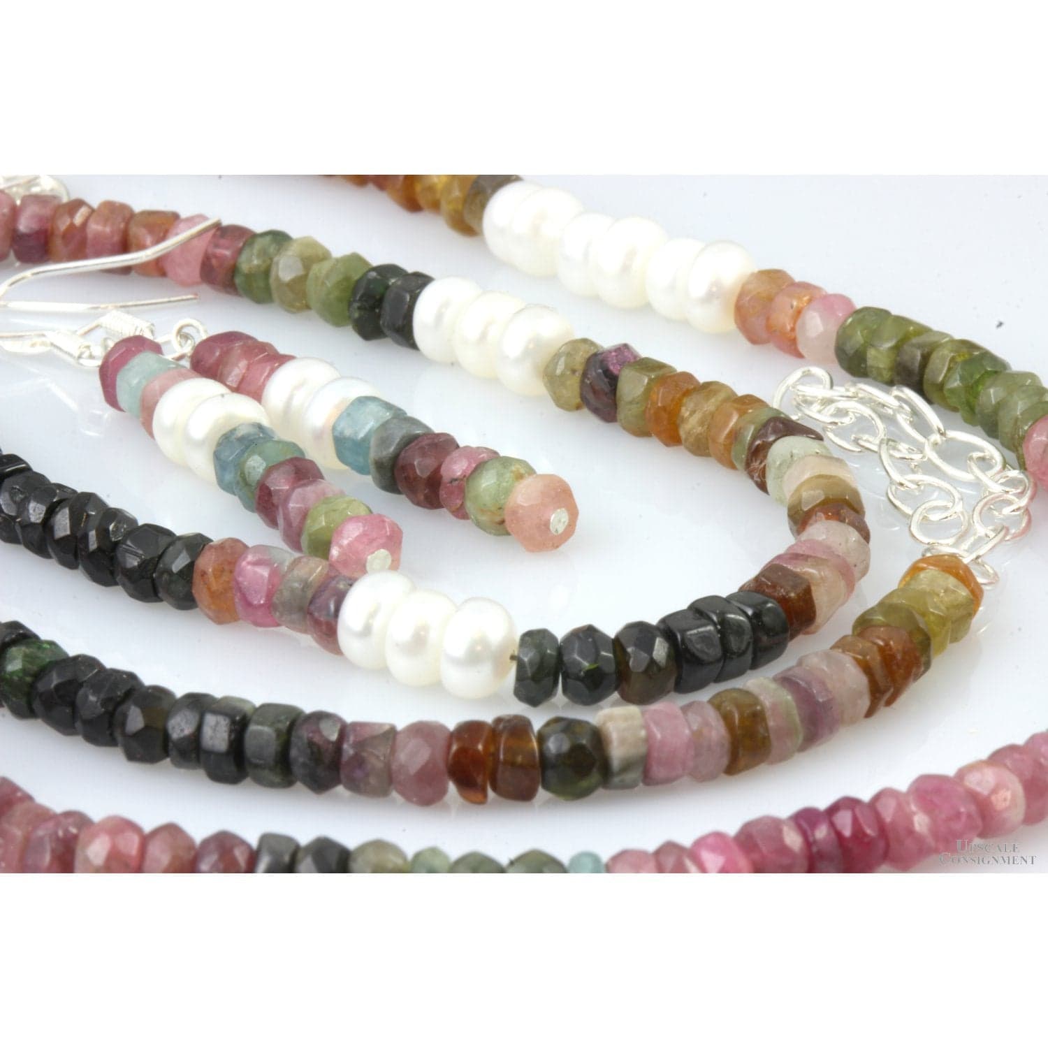 Multicolored Tourmaline & Pearl Sterling Silver Three Piece Set - 17" - 19"(l) - Thumbnail 3