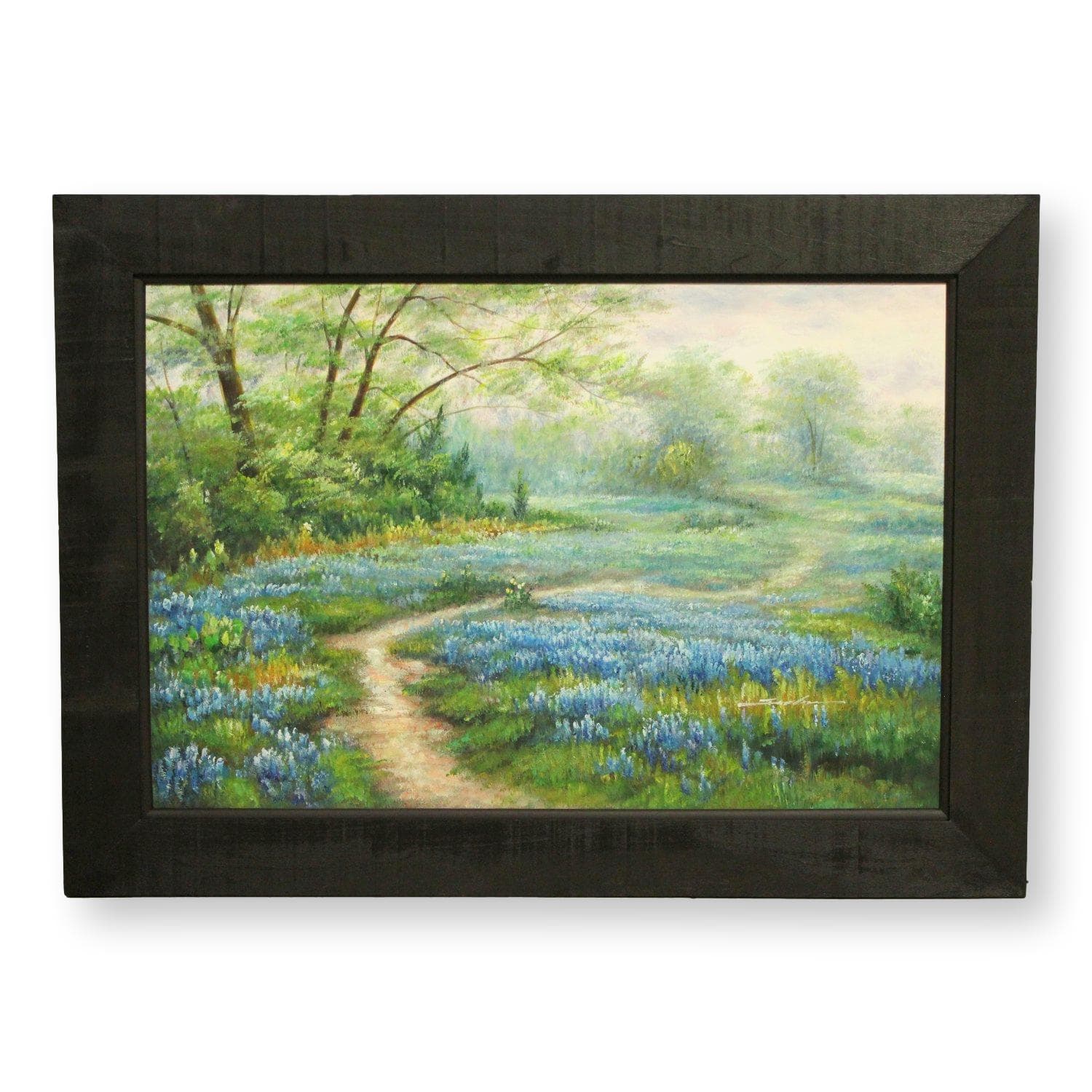 Framed Original Oil Green Path Blue Flowers - Image 1