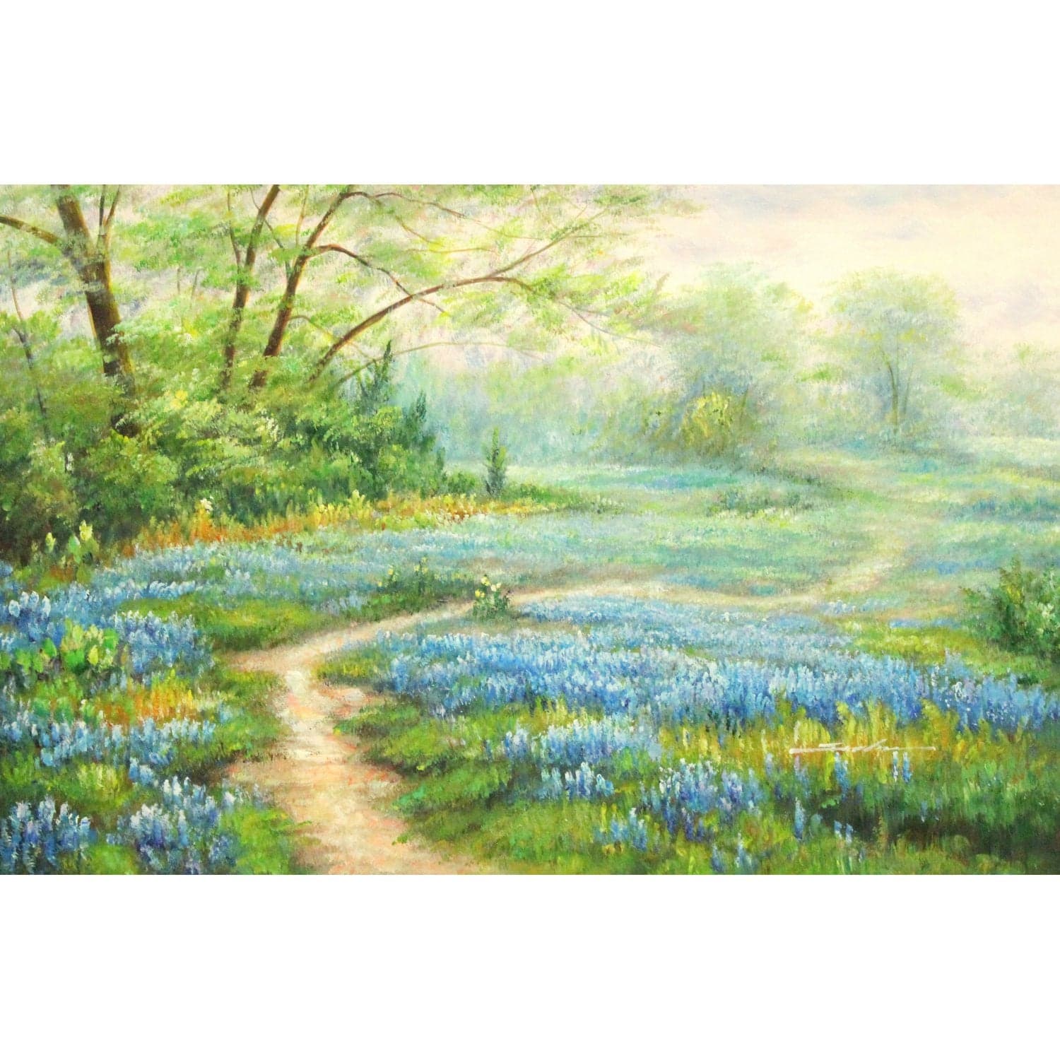 Framed Original Oil Green Path Blue Flowers - Thumbnail 2