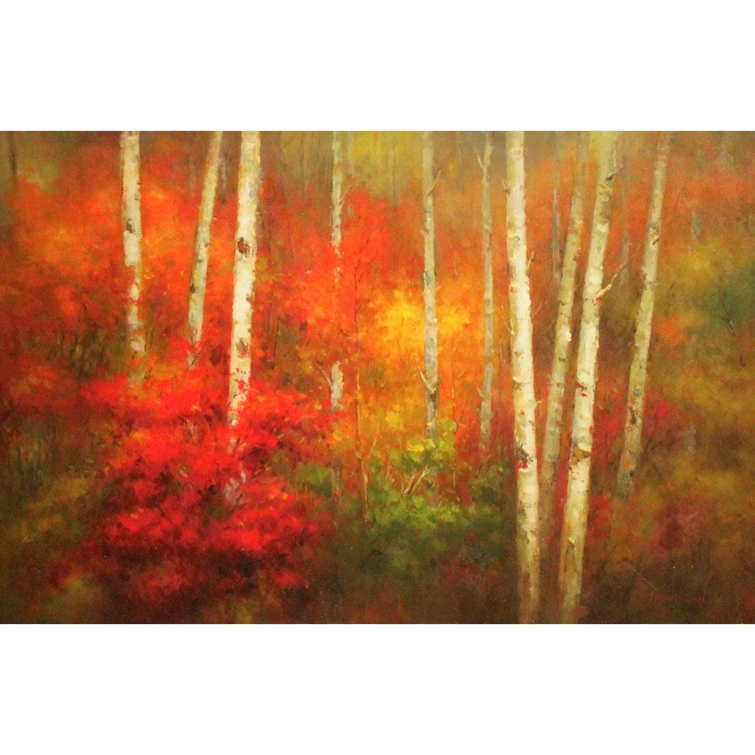 Framed Original Oil Autumn Birch Trees w/Red - Thumbnail 2