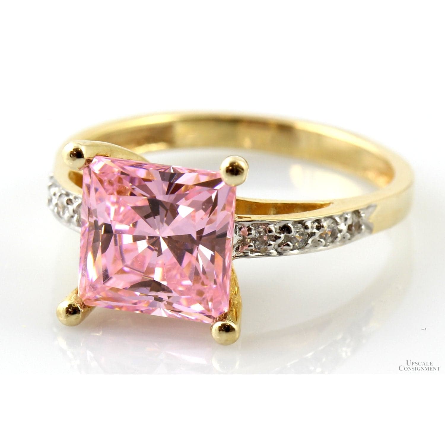 Square Pink Cubic Zirconia Solitaire 14K Yellow Gold Ring - Size 8 - Thumbnail 2