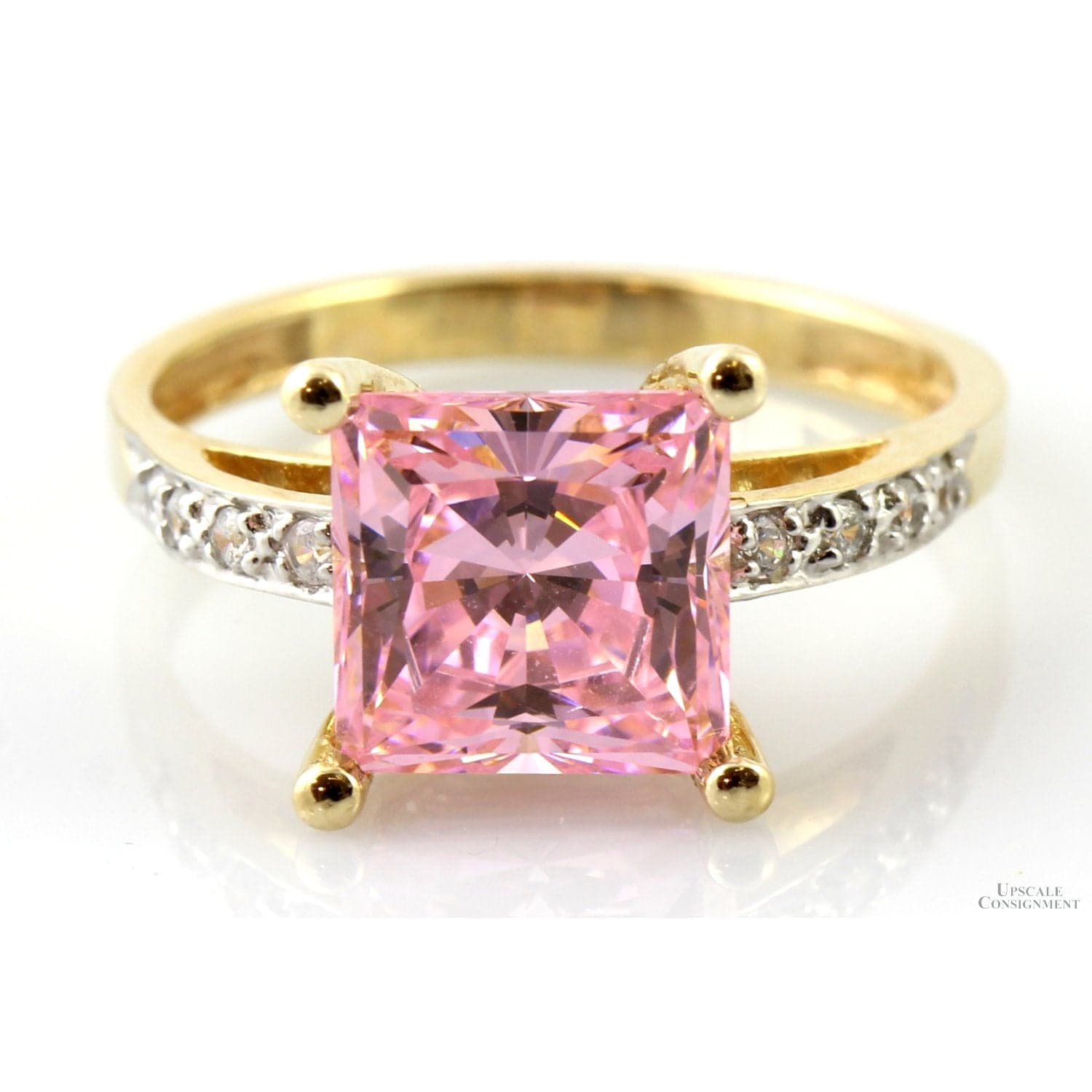 Square Pink Cubic Zirconia Solitaire 14K Yellow Gold Ring - Size 8 - Image 1