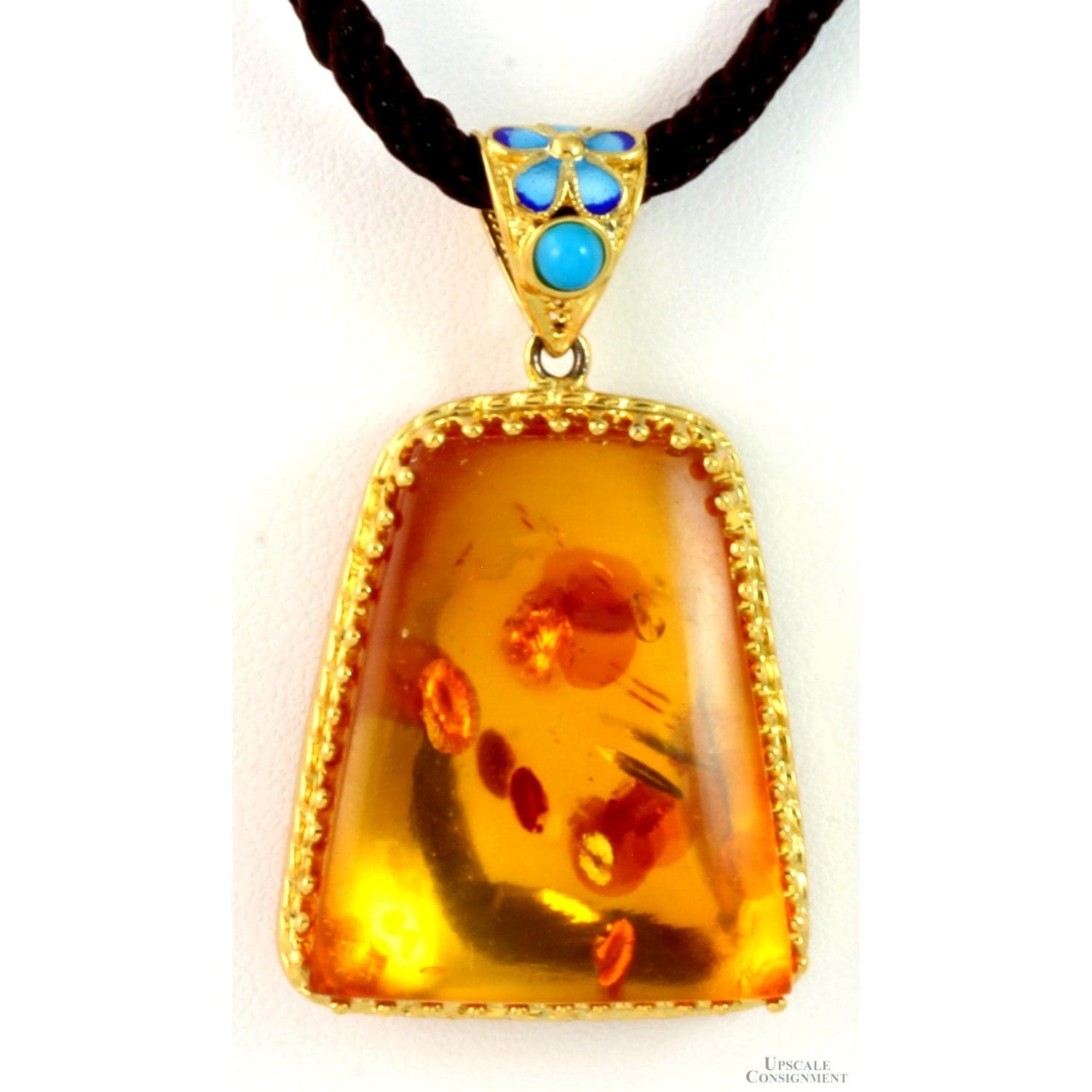 18K Gold Vermeil Filigree Enamel Amber Pendant & Cord - 18 in - Image 1