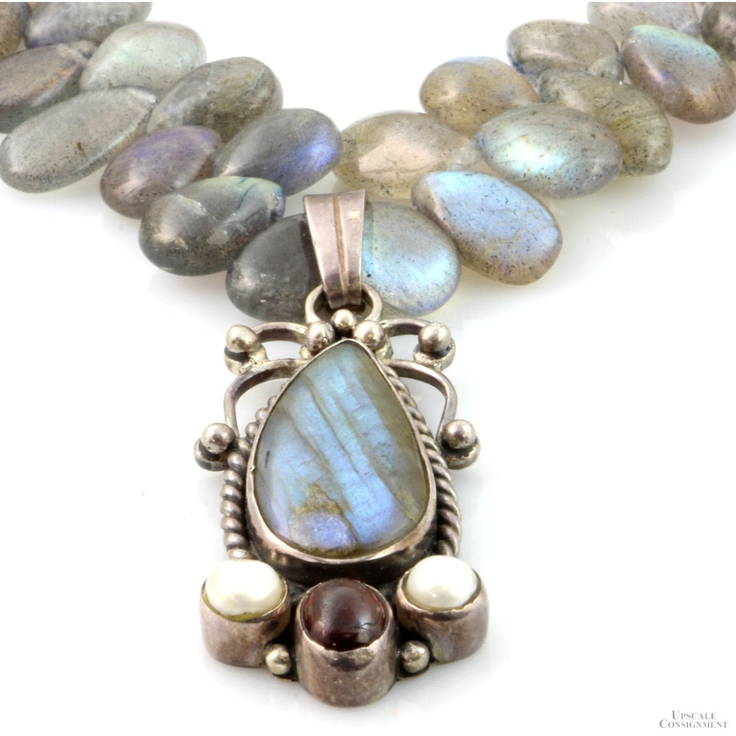 Sterling Silver Labradorite Pearl Amber Bead Pendant Necklace - 21" - Image 1