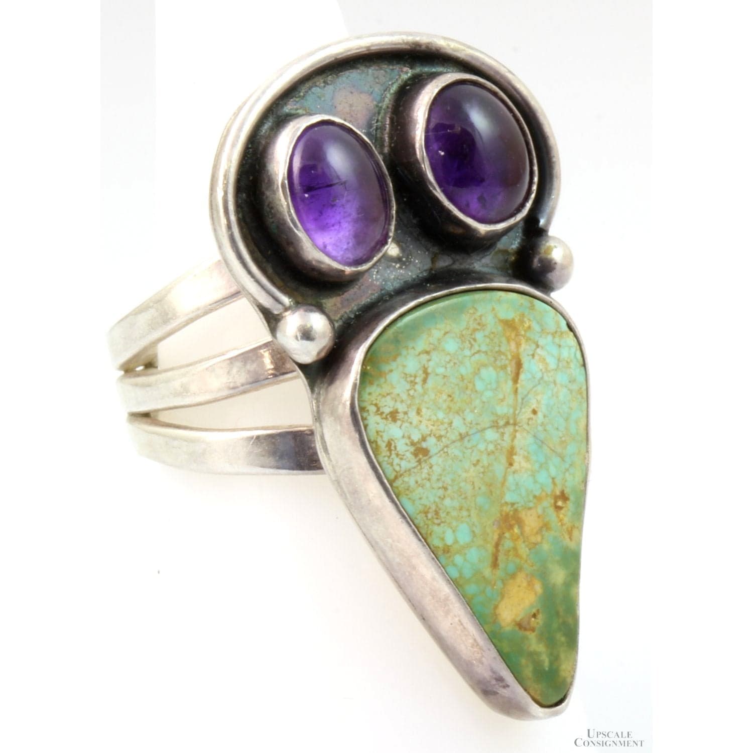 Greenish Turquoise & Amethyst Sterling Silver Raven Ring - Size 7 - Thumbnail 2
