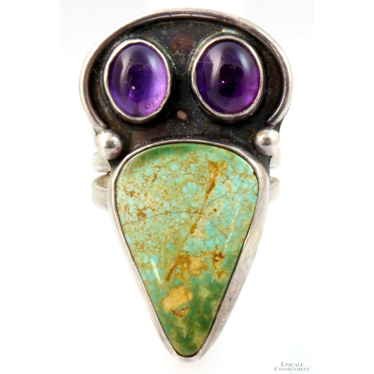 Greenish Turquoise & Amethyst Sterling Silver Raven Ring - Size 7 - Image 1
