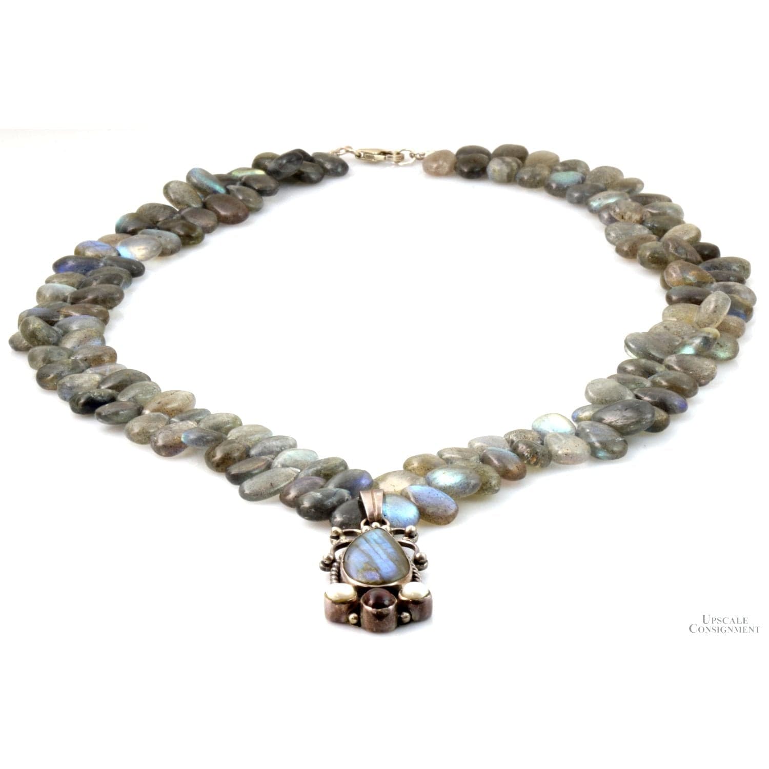Sterling Silver Labradorite Pearl Amber Bead Pendant Necklace - 21" - Thumbnail 2