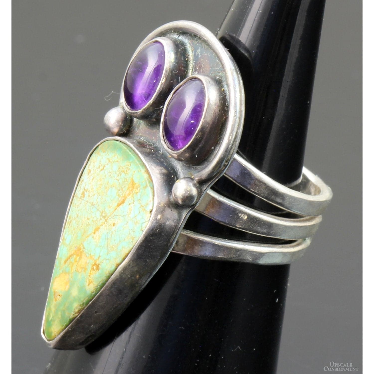 Greenish Turquoise & Amethyst Sterling Silver Raven Ring - Size 7 - Thumbnail 4