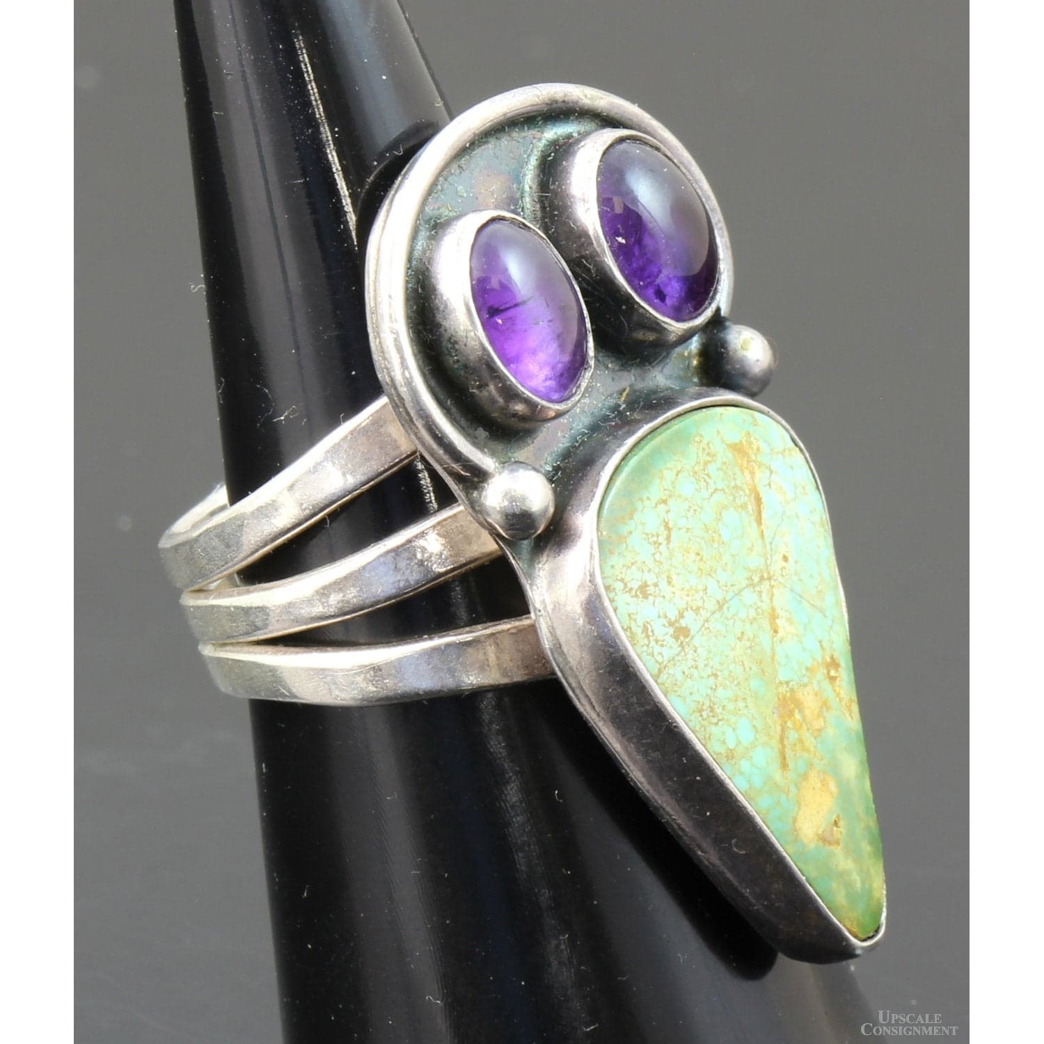 Greenish Turquoise & Amethyst Sterling Silver Raven Ring - Size 7 - Thumbnail 3
