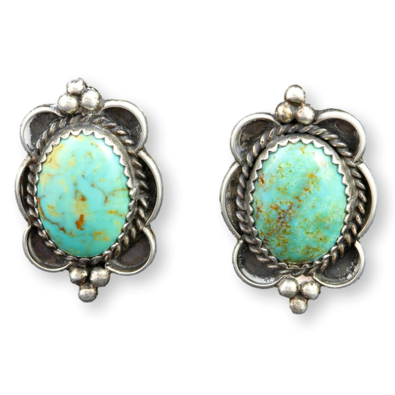 Navajo Oval Turquoise Darkened Sterling Silver Stud Earrings - Image 1