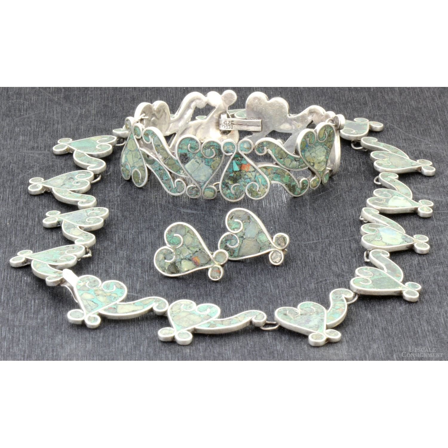 Early 1940s Sterling Silver Inlaid Turquoise Mosaic Set by Beto - 17.75"(l) - Thumbnail 3